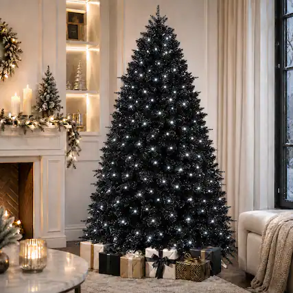 Front. Anysun - 7ft Christmas Tree with 450 White LED Lights – 1916 Tips PE+PVC Artificial Tree, Hinged Structure & Stable Stand - Black.