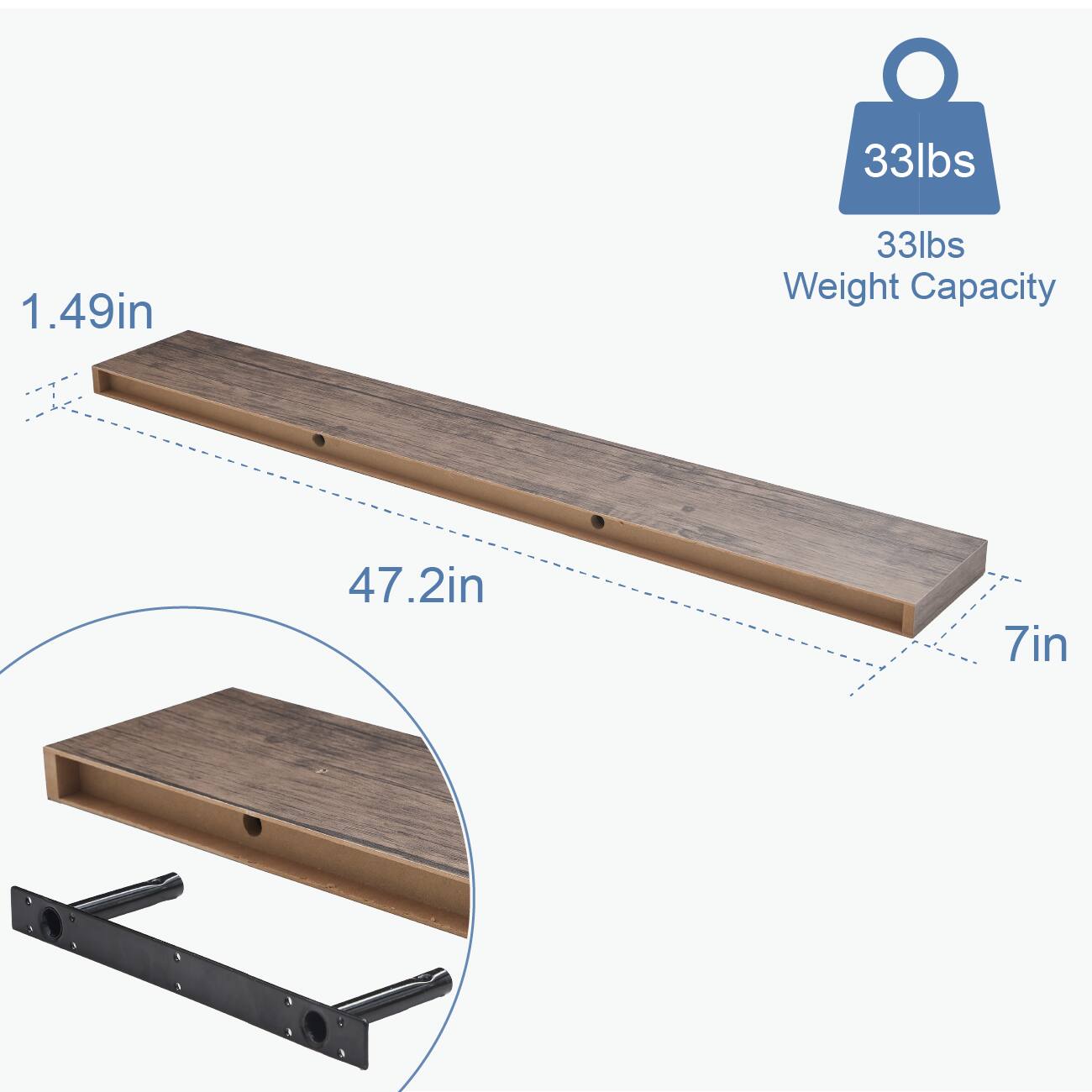 33lbs  
Weight Capacity  

1.49in  
47.2in  
7in