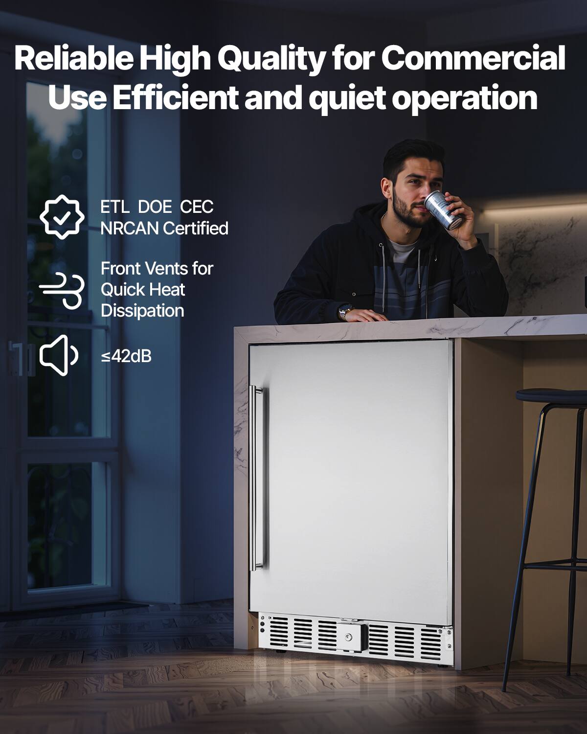 Reliable High Quality for Commercial Use  
Efficient and quiet operation  

- ETL DOE CEC NRCAN Certified  
- Front Vents for Quick Heat Dissipation  
- ≤42dB