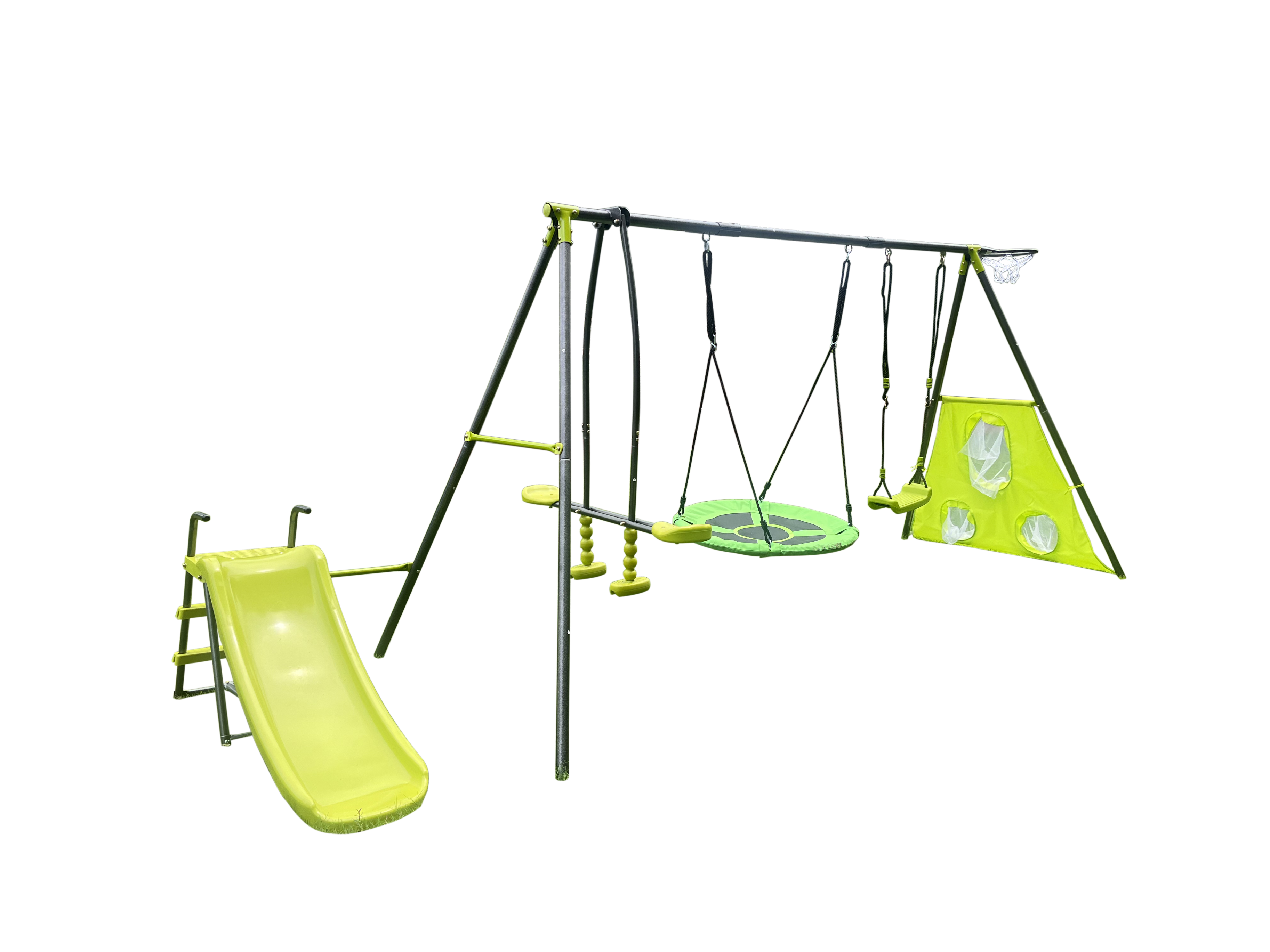Alt View 2. Siljoy - 6‑in‑1 Blue & Green Swing Set with Net Swing, Slide, Hoop, 440lb Capacity, for Age 3+ Outdoor Play - Green.