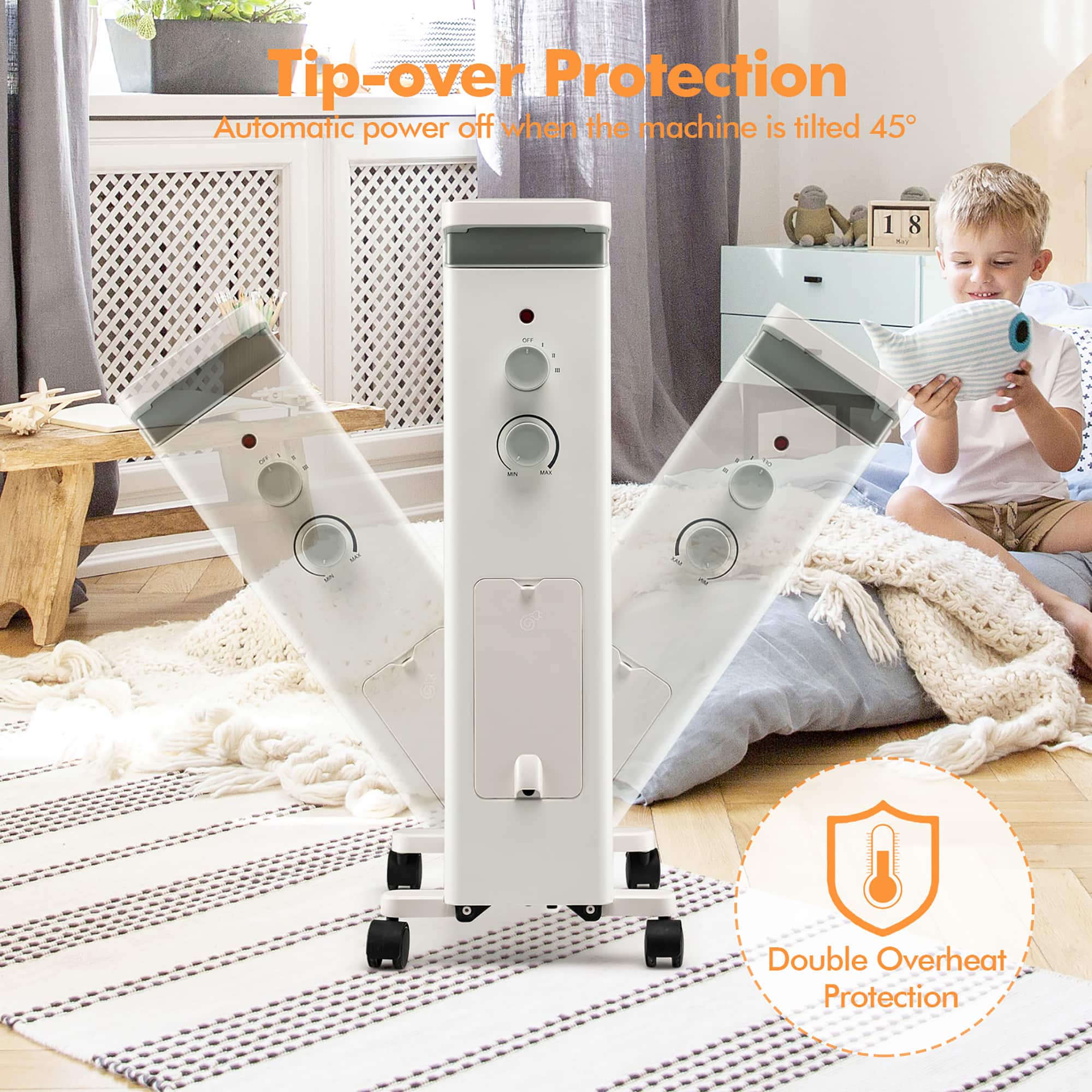 Tip-over Protection
Automatic power off when the machine is tilted 45°
Double Overheat Protection
