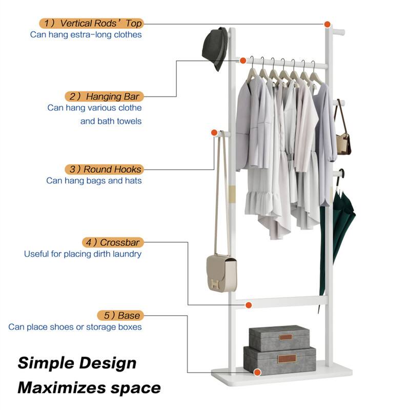 1) Vertical Rods' Top  
Can hang extra-long clothes  

2) Hanging Bar  
Can hang various clothes and bath towels  

3) Round Hooks  
Can hang bags and hats  

4) Crossbar  
Useful for placing dirty laundry  

5) Base  
Can place shoes or storage boxes  

Simple Design Maximizes space