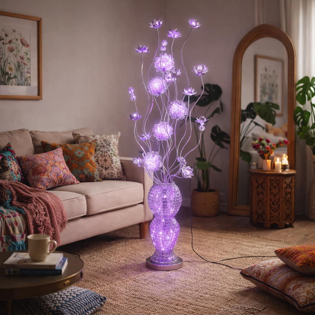 FC Design - 63"H Blue  LED Floral Bouquet with Silver Cylindrical Base Floor Lamp