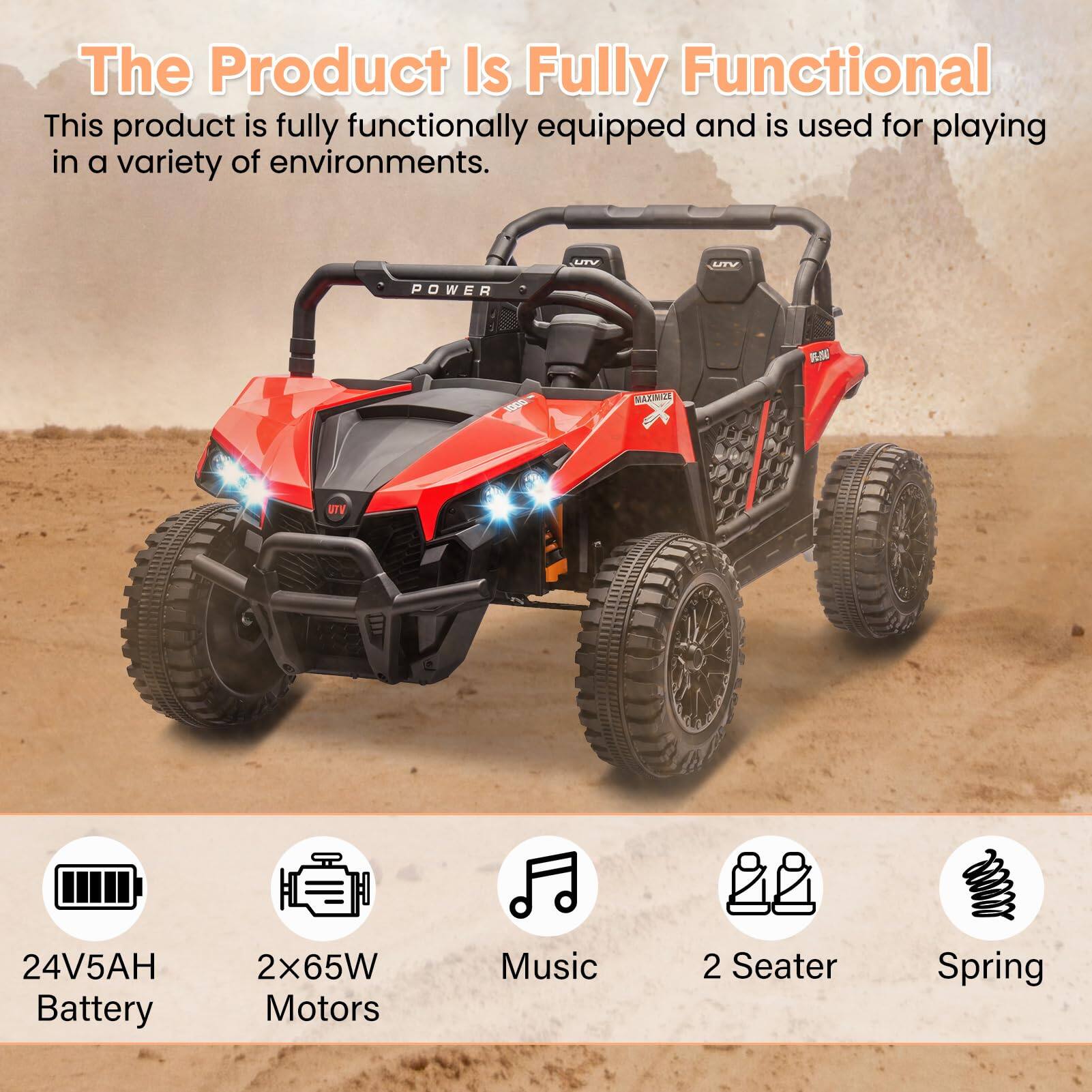 The Product Is Fully Functional

This product is fully functionally equipped and is used for playing in a variety of environments.

- 24V5AH Battery
- 2x65W Motors
- Music
- 2 Seater
- Spring