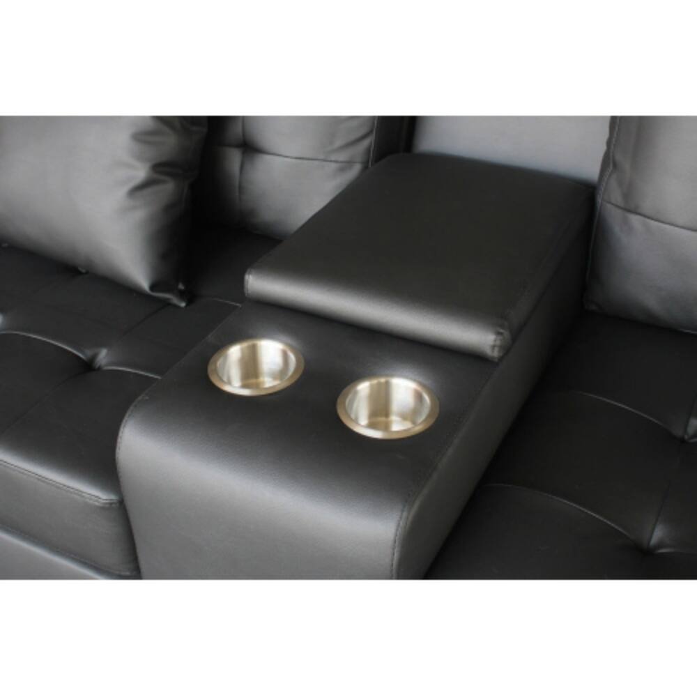 Alt View 1. LUCKY ONE - 85" Black PVC Fabric Sofa with LED Lights, USB Charging Ports, Storage Console, Cupholders, Tufted Cushions - Black.
