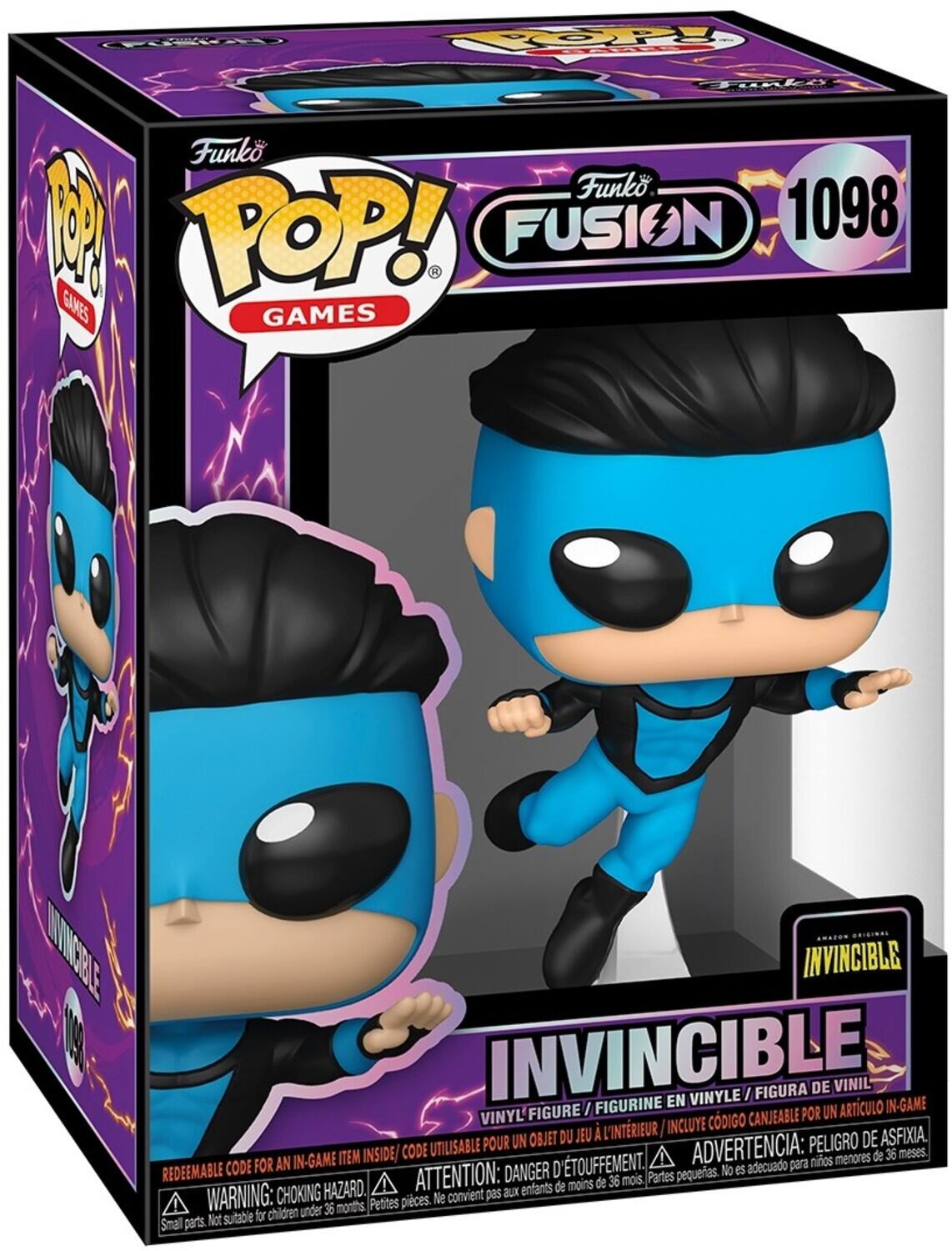 Funko POP! GAMES  
Funko FUSION 1098  
INVINCIBLE  
VINYL FIGURE / FIGURINE EN VINYLE / FIGURA DE VINIL  
INCLUDES REDEEMABLE CODE FOR AN IN-GAME ITEM INSIDE / CODE UTILISABLE POUR UN OBJET DU JEU À L'INTÉRIEUR / INCLUYE CÓDIGO CANJEABLE POR UN ARTÍCULO IN-GAME  
WARNING: CHOKING HAZARD. Small parts. Not suitable for children under 36 months.  
ADVERTENCIA: PELIGRO DE ASFIXIA. Partes pequeñas. No es adecuado para niños menores de 36 meses.  
ATTENTION: DANGER D'ÉTOUFFEMENT. Petites pièces. Ne convient pas aux enfants de moins de 36 mois.