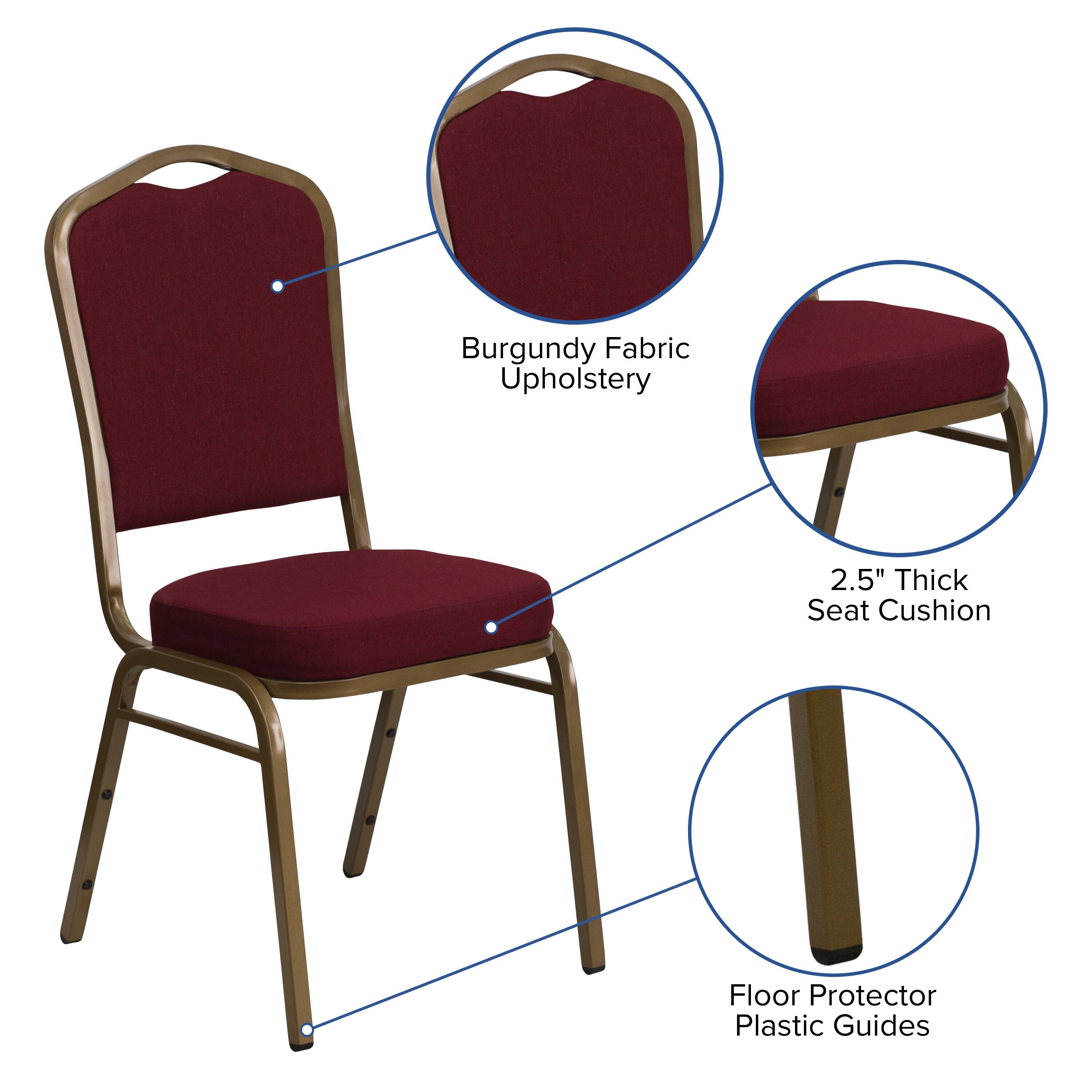Burgundy Fabric Upholstery  
2.5" Thick Seat Cushion  
Floor Protector Plastic Guides