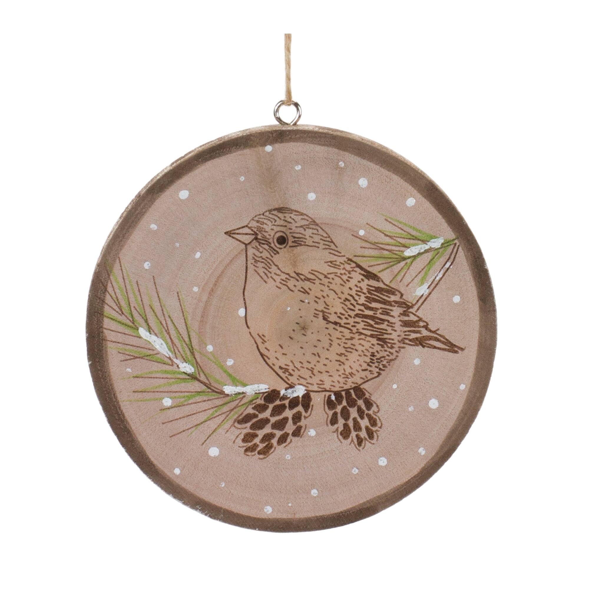 Left. BreeBe - Wood Bird Tree Disc Ornament (Set of 12) - Brown.