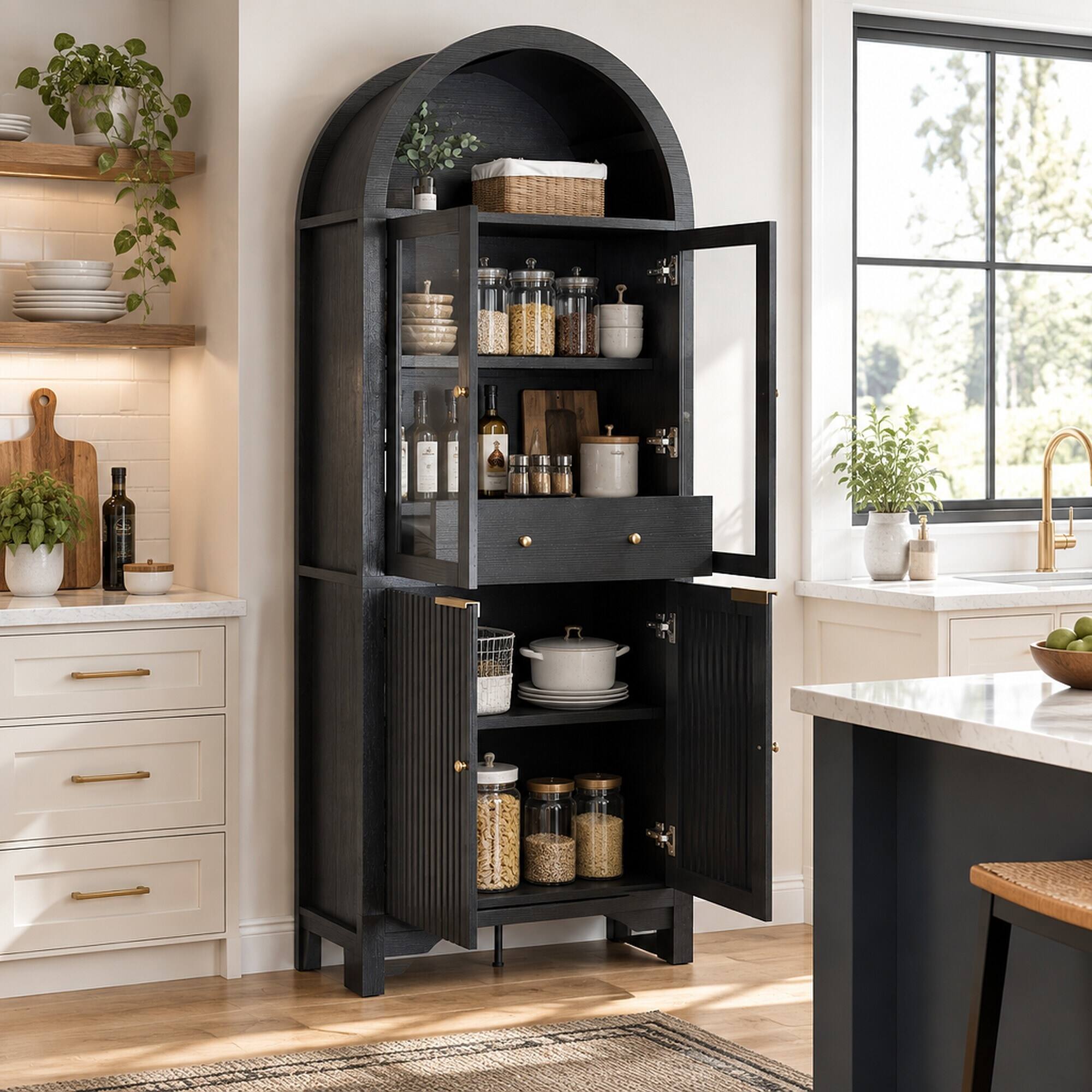 Angle. RYHNUYNE - Freestanding 71 Inch Fluted Tall Arched Pantry Cabinet with Adjustable Shelves, Hidden Drawer and Glass Door, Black - Black.
