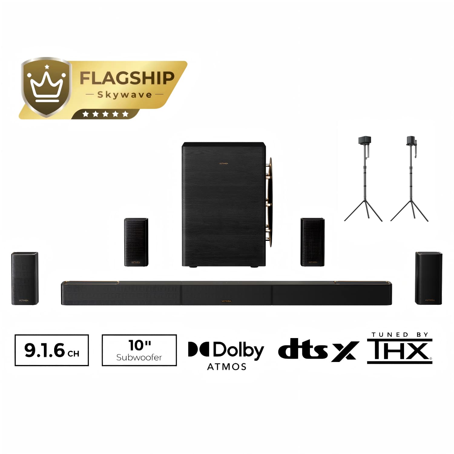 Ultimea - Skywave Series 9.1.6 Wireless Sound Bar, 10" Subs, THX-Tuned, Dolby Atmos, DTS:X, 18Hz Low Frequency, 1500W + Stand - Black