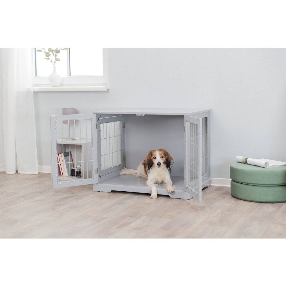 Angle. TRIXIE - Dog Crate, Wooden Indoor Kennel Furniture for Dogs Up to 25 lb - Gray.