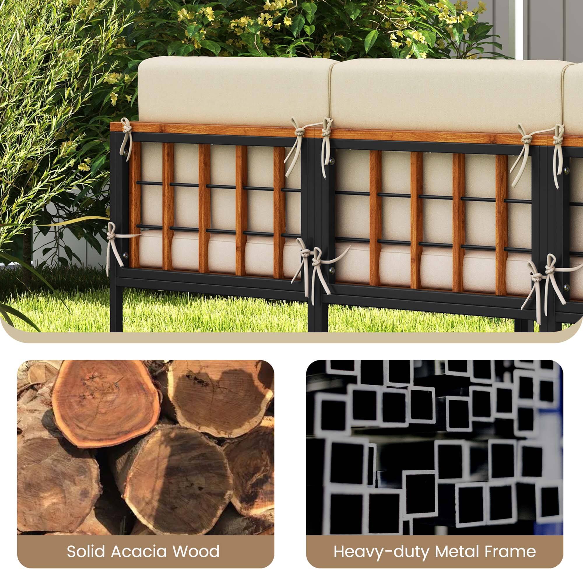 The text on the image is grouped and corrected as follows:

"Solid Acacia Wood Heavy-duty Metal Frame"