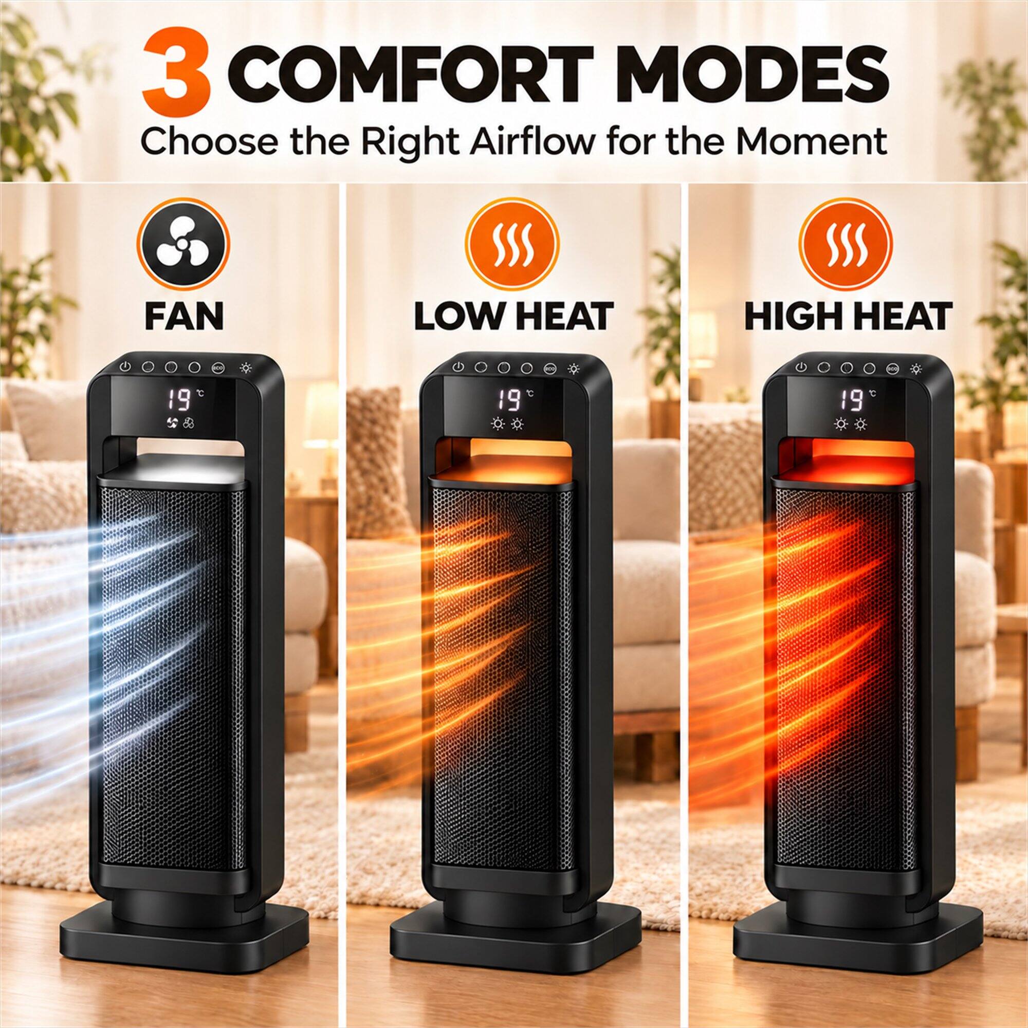 3 COMFORT MODES  
Choose the Right Airflow for the Moment

FAN  
LOW HEAT  
HIGH HEAT

19  
19  
19