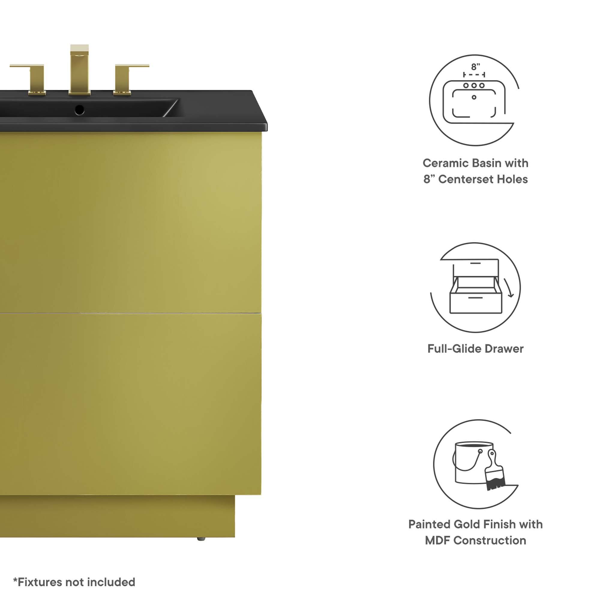 8" Ceramic Basin with 8" Centerset Holes Full-Glide Drawer Painted Gold Finish with MDF Construction *Fixtures not included