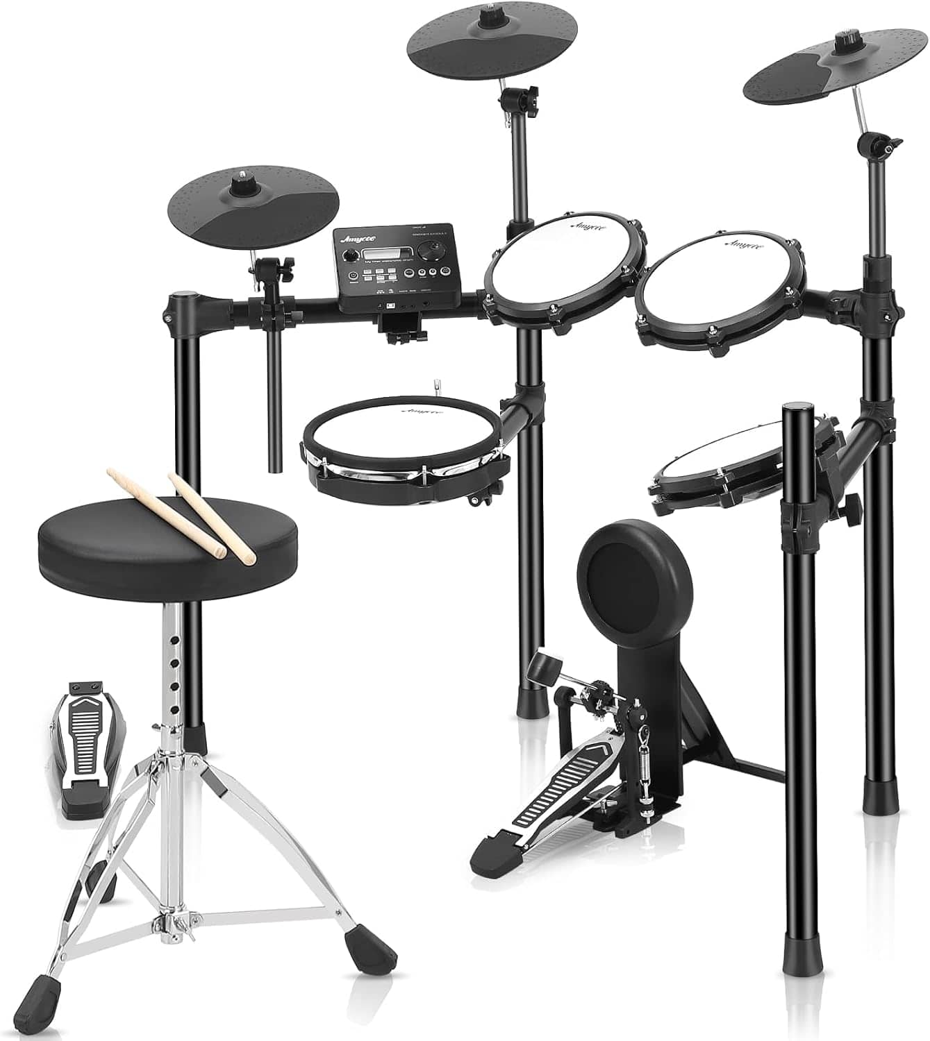 GARVEE - Electric Drum Set with 5 Quiet Mesh Pads, 390 Sounds, 30 Kits, USB MIDI, Recording & Pedals