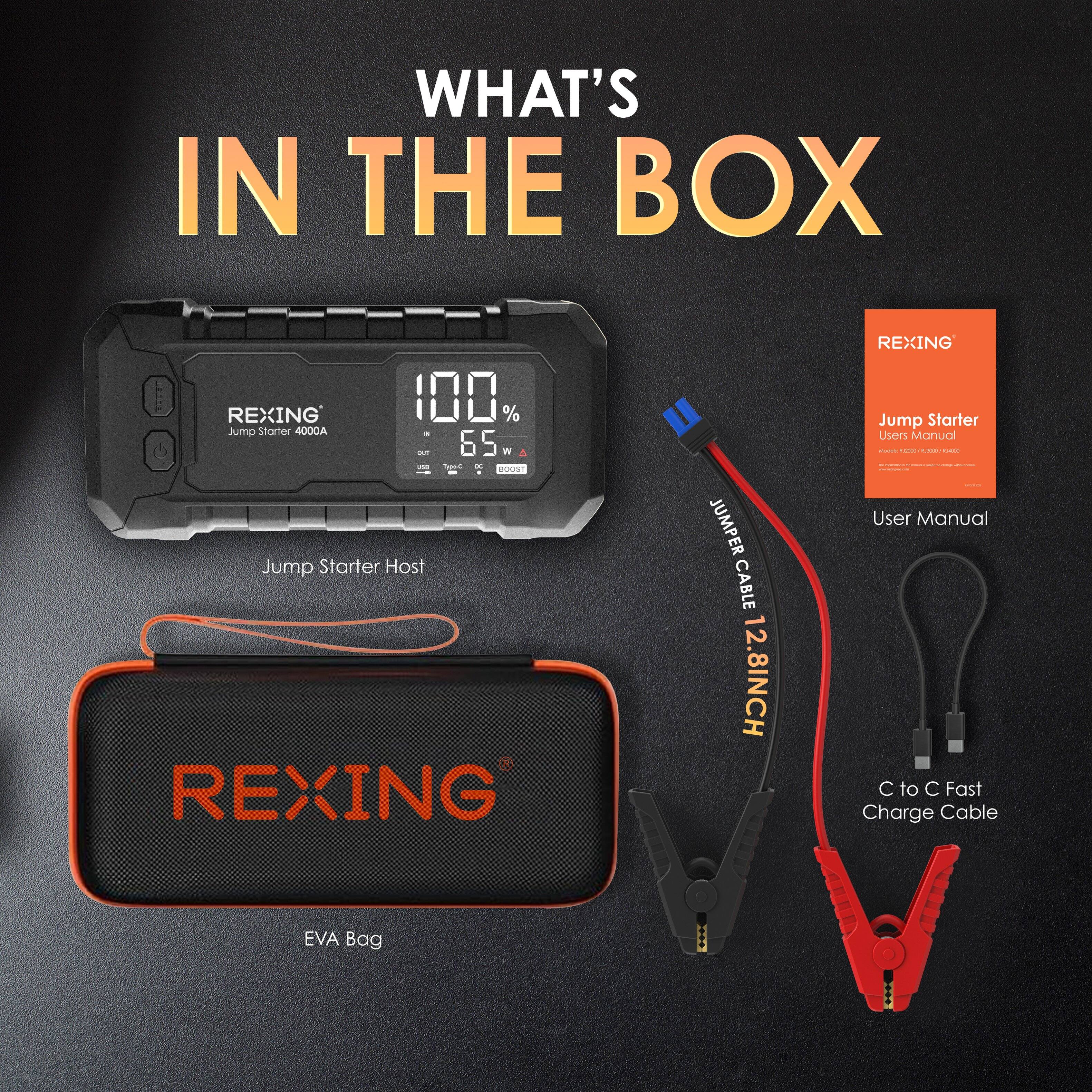WHAT'S IN THE BOX

REXING 100% Jump Starter 4000A - 65W

- Jump Starter Host
- REXING JUMPER CABLE 12.8INCH
- REXING Jump Starter Users Manual
- EVA Bag
- C to C Fast Charge Cable
