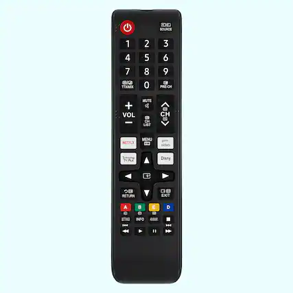 SOURCE 1 2 3 4 5 6 7 8 9 0 PRE-CH VOL MUTE CH LIST NETFLX MENU prm video Smsng TV Plus Disny EXIT RETURN A B C D SETTINGS INFO ADJUST