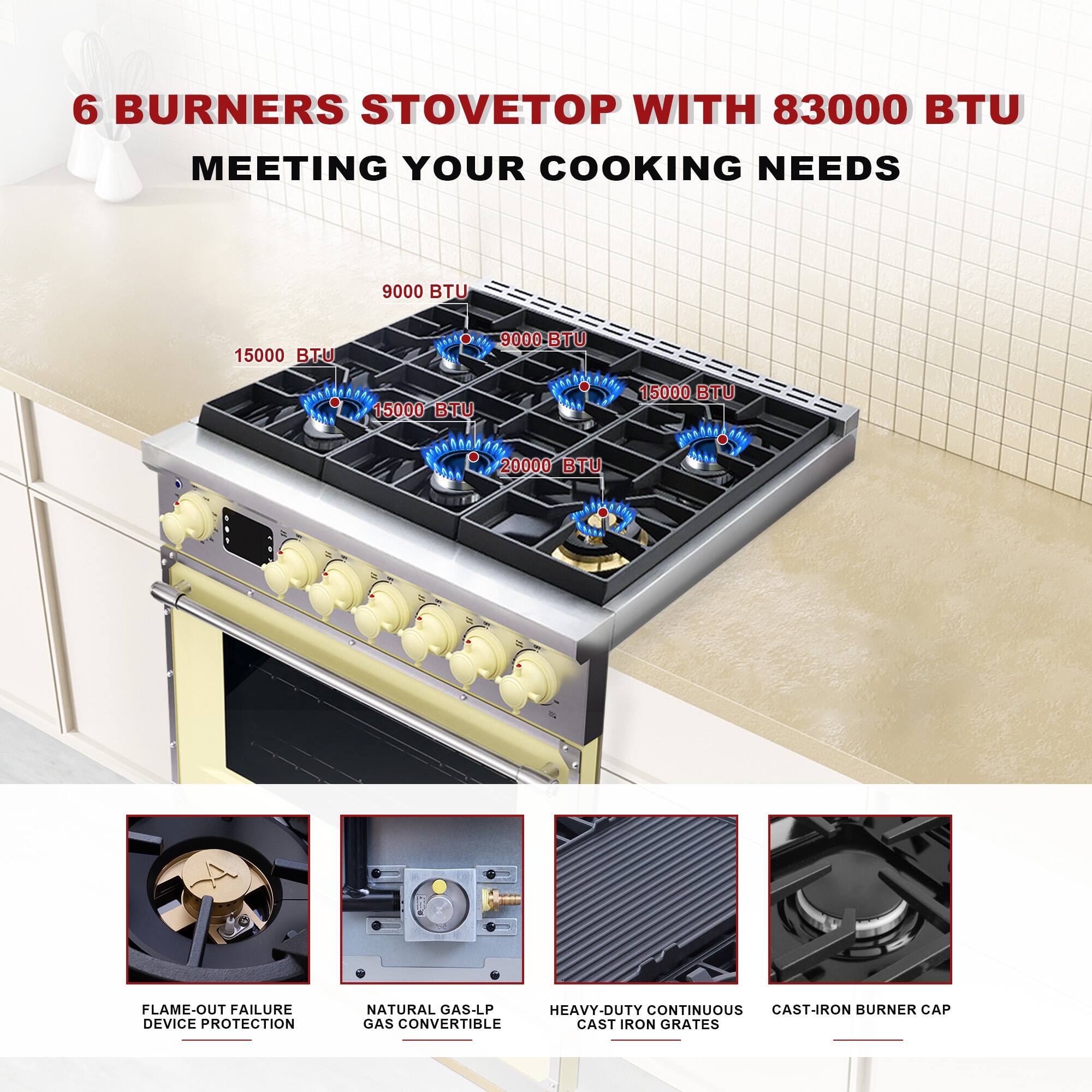 6 BURNERS STOVETOP WITH 83000 BTU MEETING YOUR COOKING NEEDS

9000 BTU  
15000 BTU  
9000 BTU  
15000 BTU  
15000 BTU  
20000 BTU

FLAME-OUT FAILURE DEVICE PROTECTION  
NATURAL GAS-LP GAS CONVERTIBLE  
HEAVY-DUTY CONTINUOUS CAST-IRON GRATES  
CAST-IRON BURNER CAP