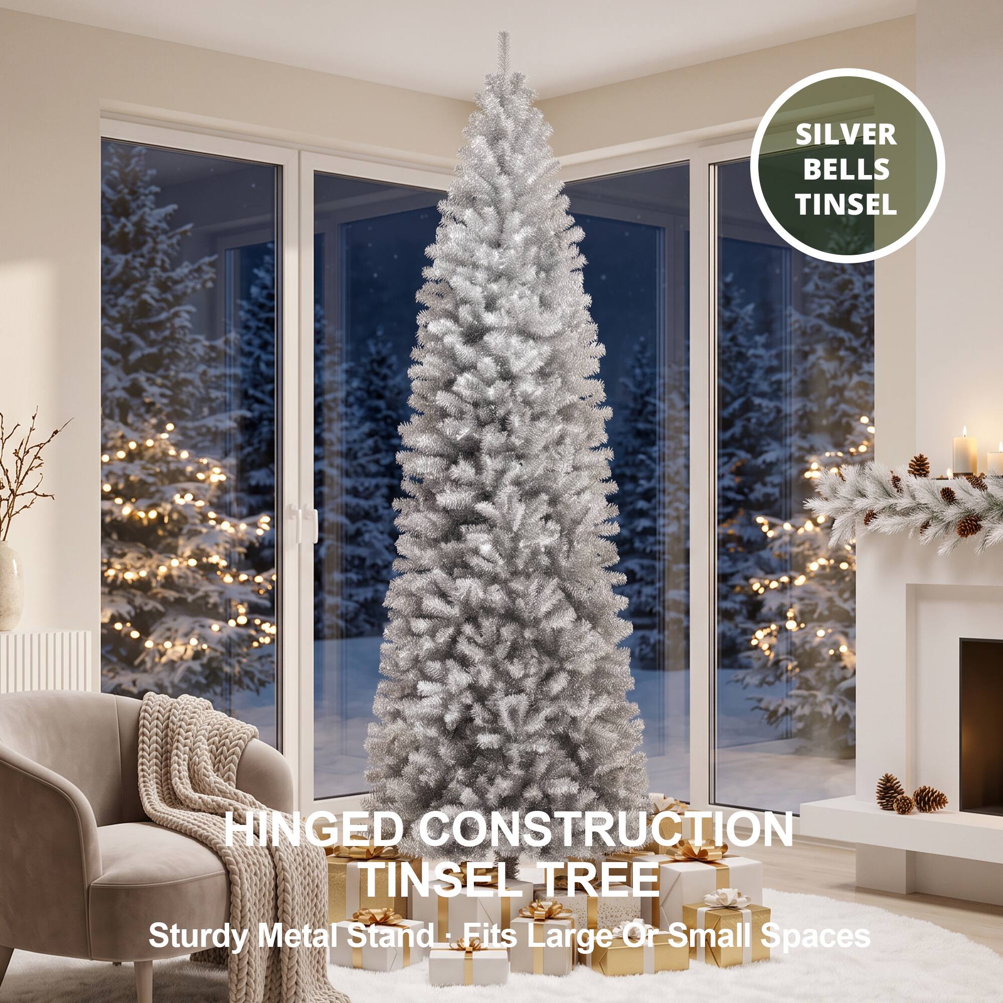 SILVER BELLS TINSEL  
HINGED CONSTRUCTION TINSEL TREE  
Sturdy Metal Stand: Fits Large Or Small Spaces
