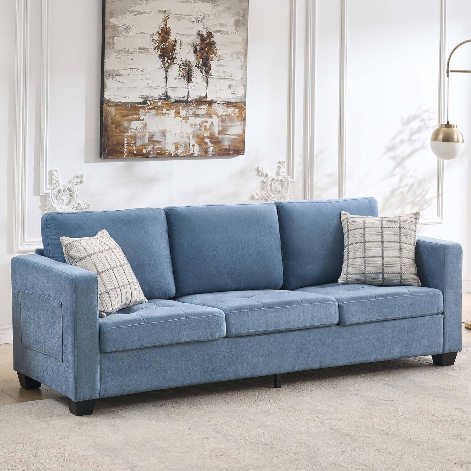 Front. Jojoka - 89" 3-Seater Chenille Sofa with Removable Cushion, Wide Armrests & Side Storage Pockets - Blue.
