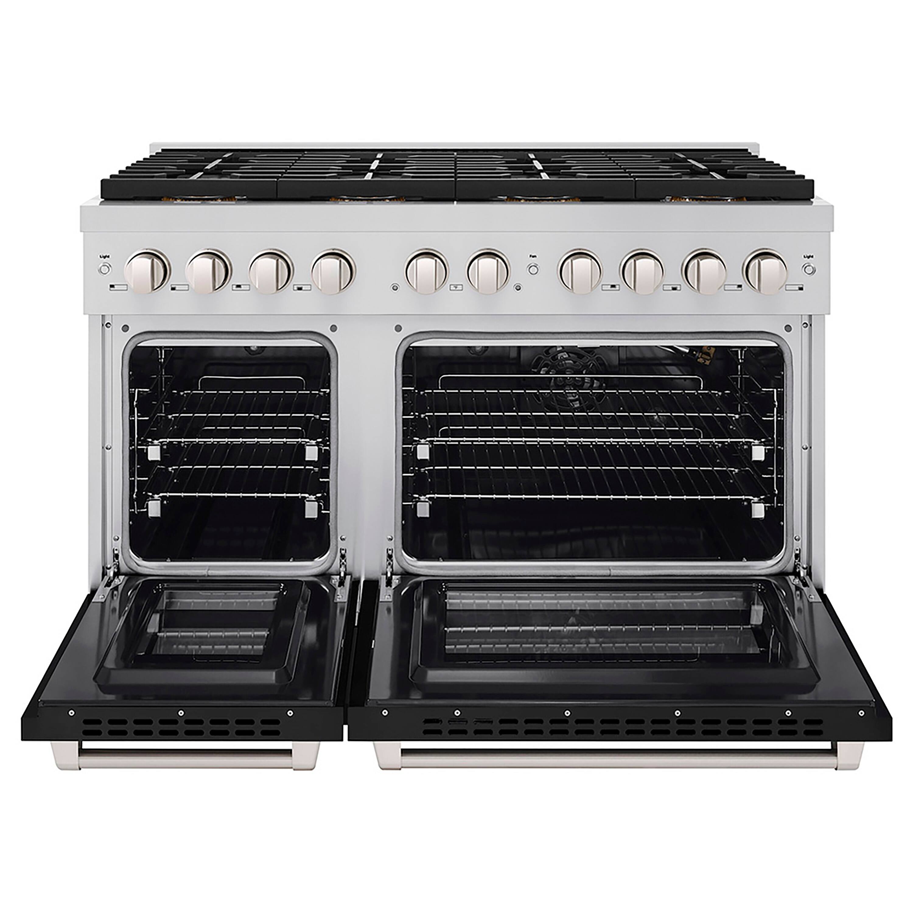 Angle. ZLINE - ZLINE 48 in. Paramount Gas Range with 8 Burner DuoPro Cooktop and Dual Ovens with Black Matte Doors (PSGR-BLM-48) - Stainless Steel with Black Matte Door.