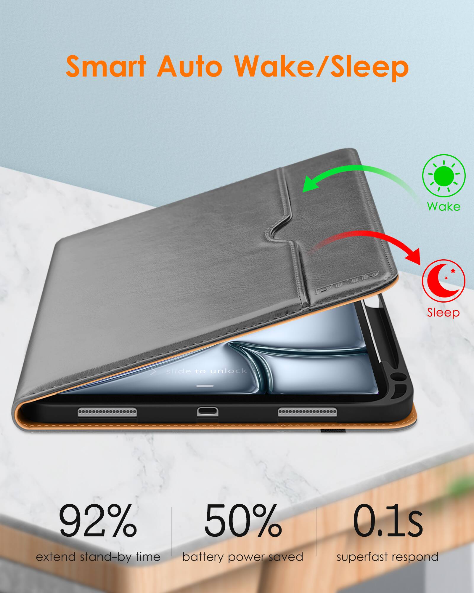 Smart Auto Wake/Sleep

Wake uR Sleep

slide to unlock

92% extend stand-by time

50% battery power saved

0.1s superfast respond