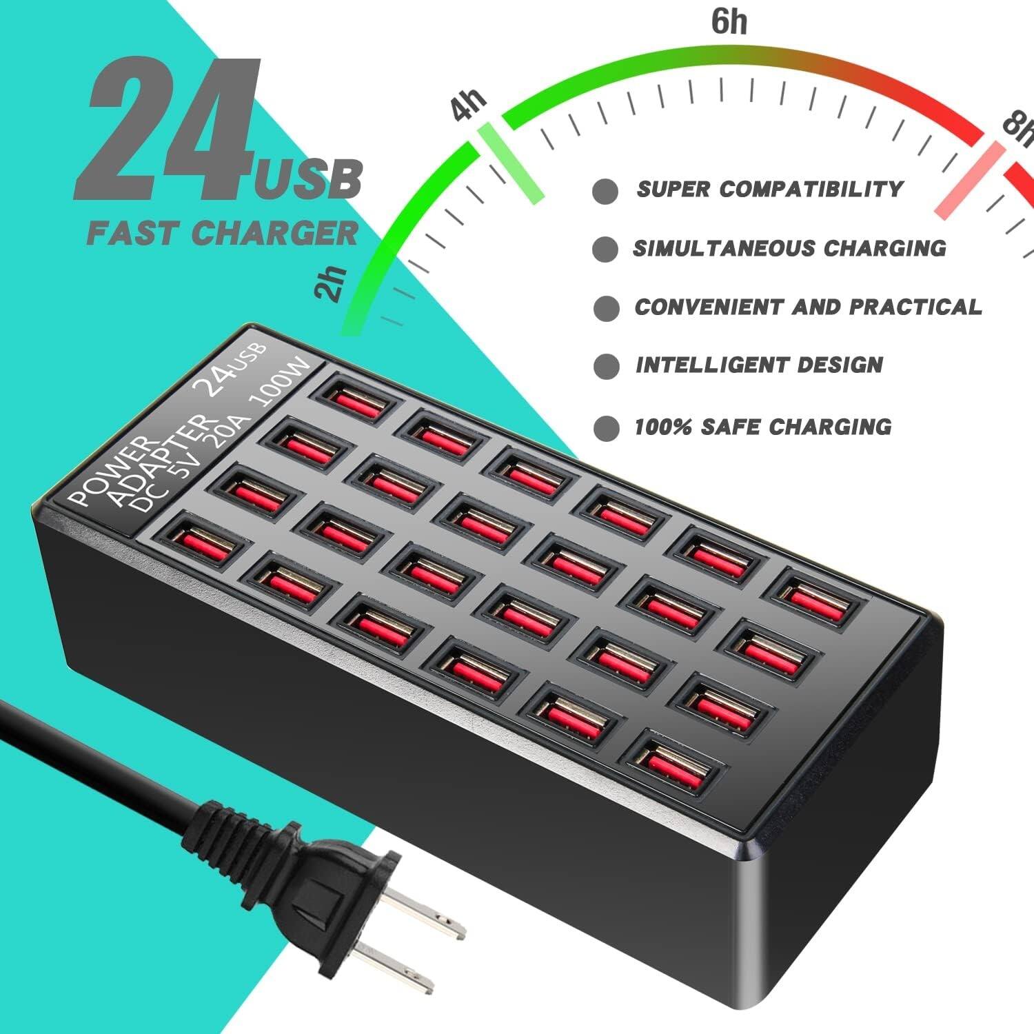 24 USB FAST CHARGER 2h 24USB 100W POWER ADAPTER 20A POWER 5V DC 4h 6h 8h SUPER COMPATIBILITY SIMULTANEOUS CHARGING CONVENIENT AND PRACTICAL INTELLIGENT DESIGN 100% SAFE CHARGING