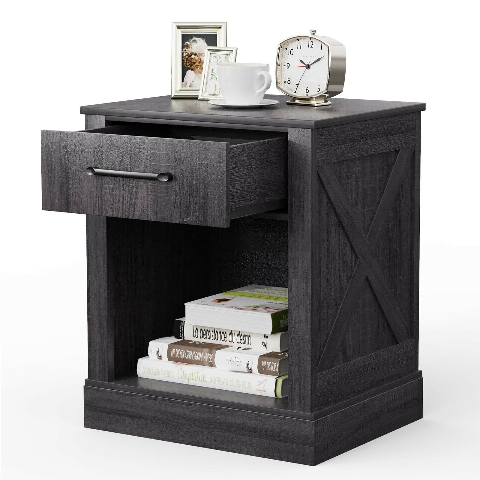Ecooso - Compact Nightstand with Drawer and Open Compartment Small Space Side Table for Bedroom - Black