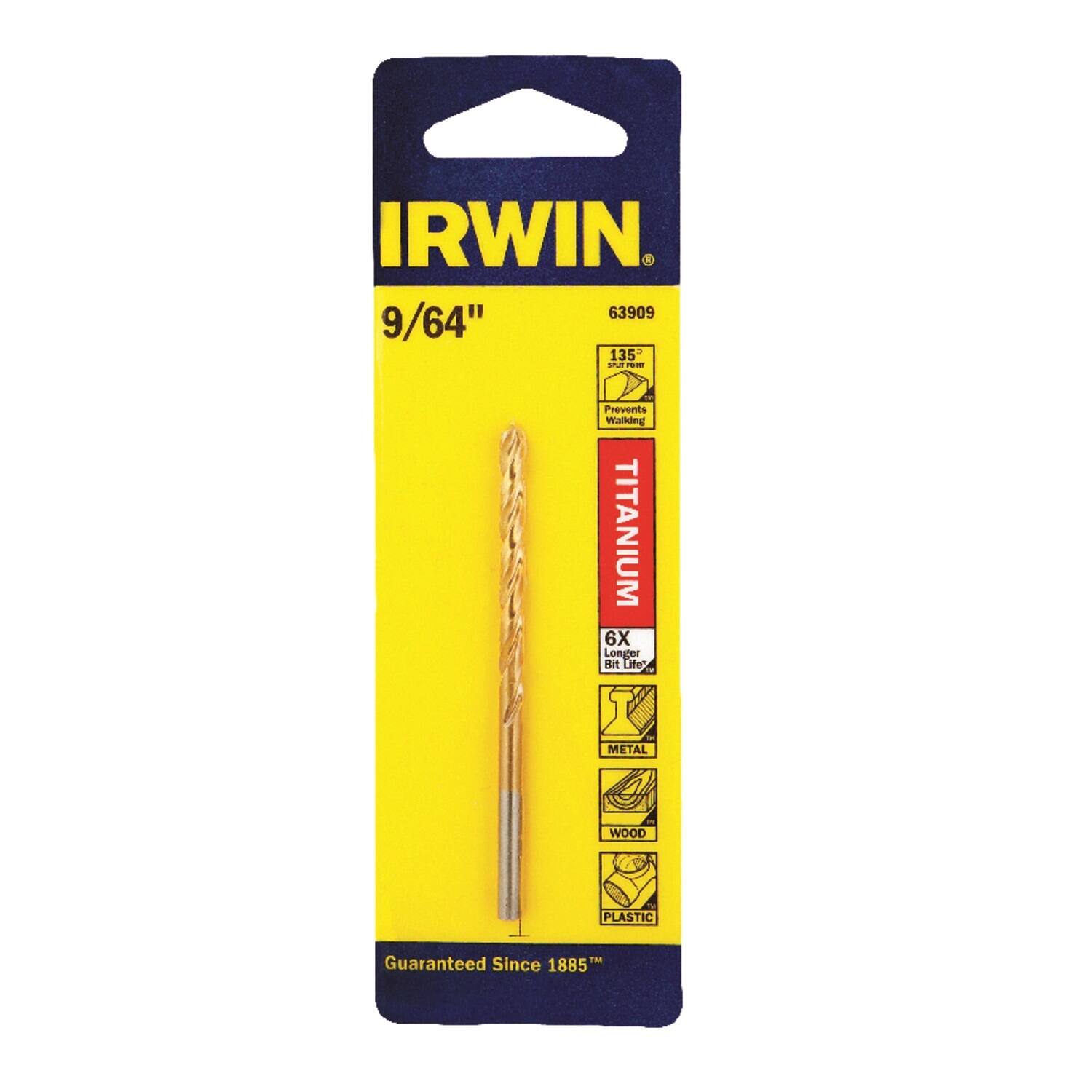 IRWIN  
63909  
9/64"  
135° smut  
Prevents Walking  
TITANIUM  
6X Longer Life  
METAL - WOOD - PLASTIC  
Guaranteed Since 1885