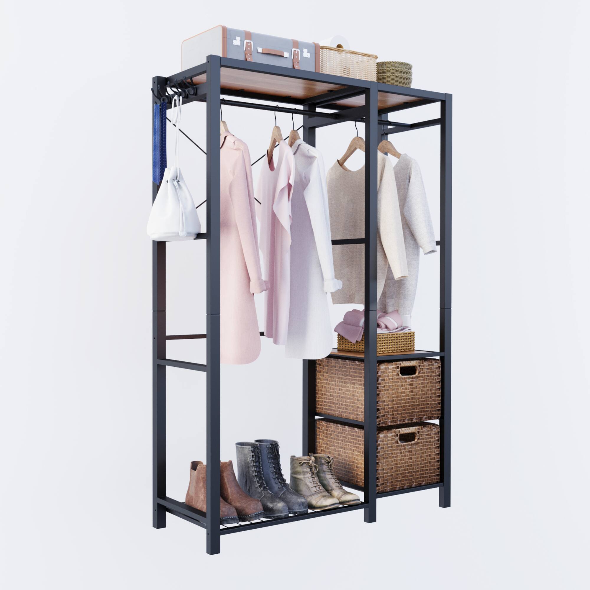 Alt View 8. GOODSILO - Freestanding Wood Garment Rack with Shelves, Drawers and Hanging Hooks - Heavy Duty Closet Organization System - Brown.