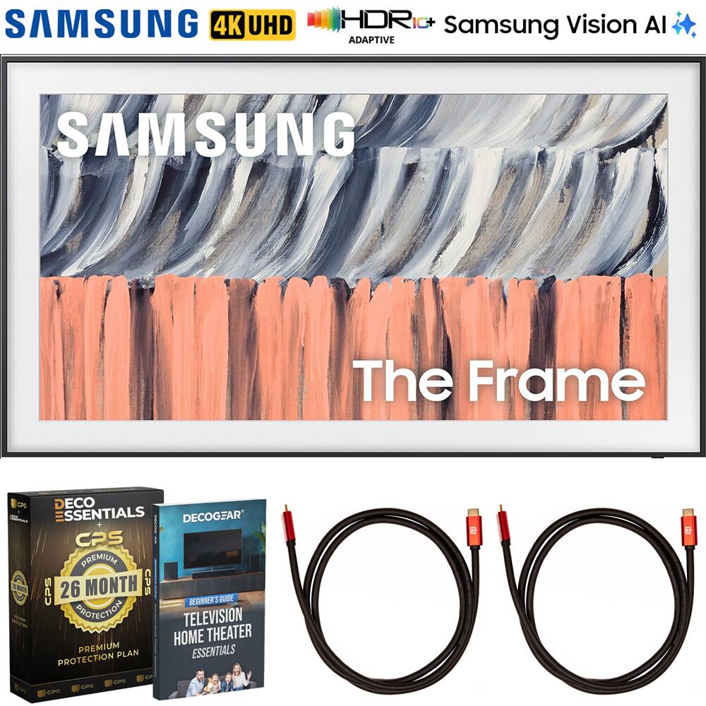 SAMSUNG 4K UHD  
HDR10+ Samsung Vision AI ADAPTIVE  

SAMSUNG  
The Frame  

DECO ESSENTIALS  
CPS PREMIUM  
26 MONTH CPS  
BEGINNER'S GUIDE  
TELEVISION HOME THEATER ESSENTIALS PROTECTION