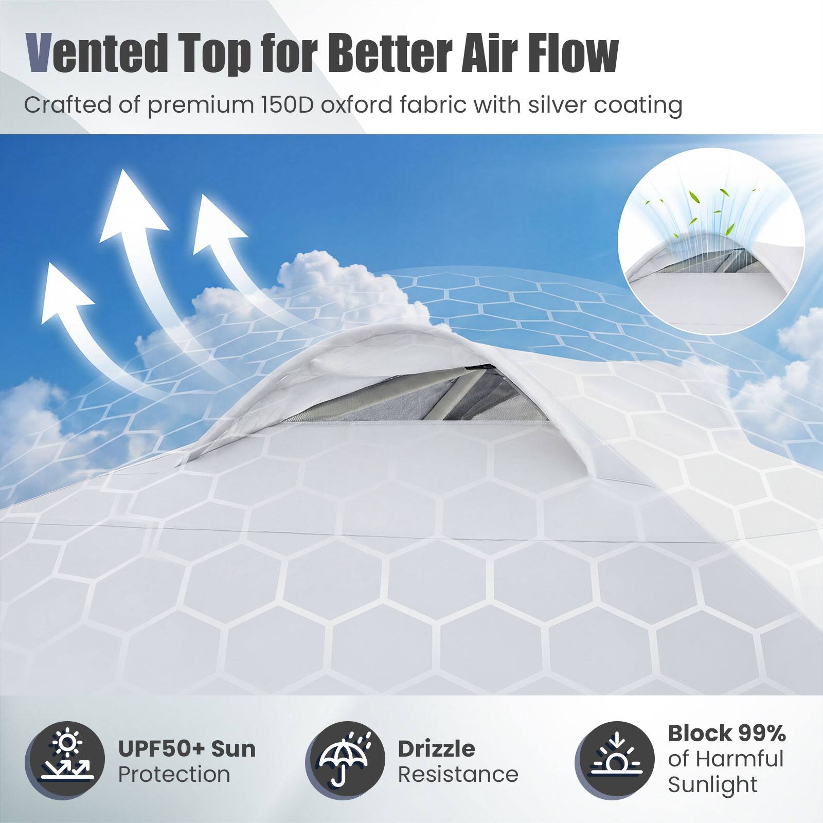 Vented Top for Better Air Flow  
Crafted of premium 150D oxford fabric with silver coating  
UPF50+ Sun Protection  
Drizzle Resistance  
Block 99% of Harmful Sunlight