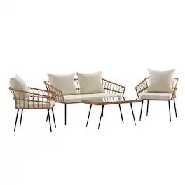 Emma + Oliver - 4PC Rattan Patio Set with Two Chairs, Loveseat, Table & Cushions - Cream Cushions/Natural Frame