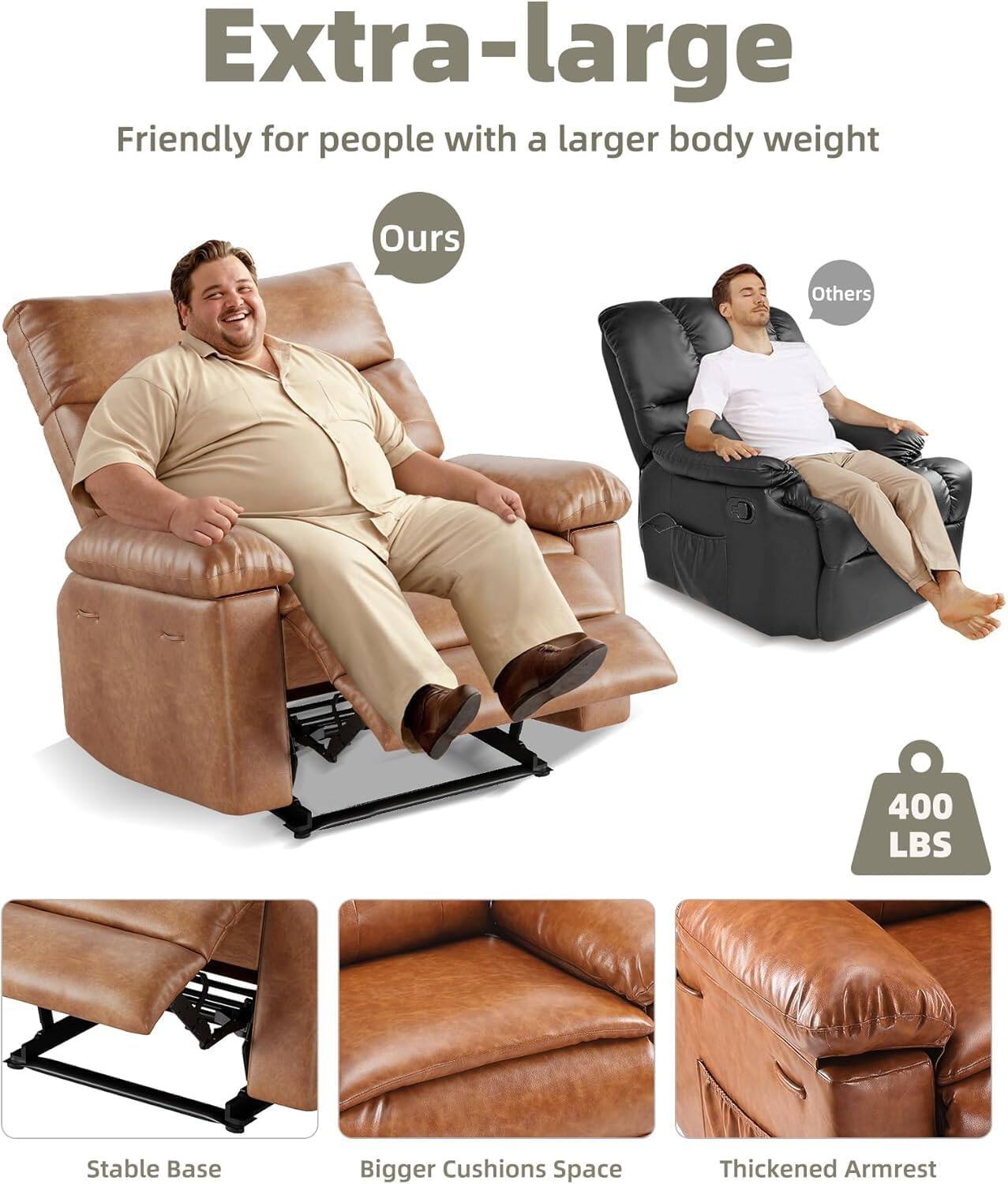 Extra-large  
Friendly for people with a larger body weight  

Ours  
Others  

400 LBS  

Stable Base  
Bigger Cushions Space  
Thickened Armrest