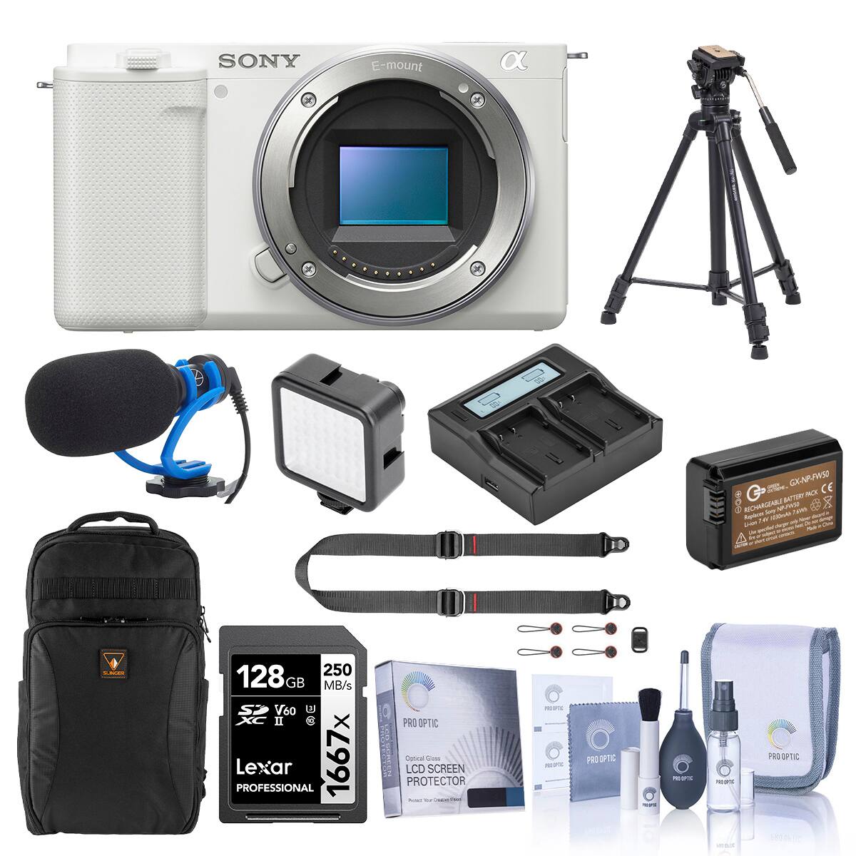 SONY E-mount  
X 9 0a S. GXNPFW5 G. FACK CE BATTERY RECHARGEAR  
Lurp NereO hwen # Apdrm - ML N - A be - -  
. ~ - - A - - 250 128GB MB/s SP V60  
XC II 8 Lexar PROFESSIONAL 1667x PRO OPTIC  
Cotinl Gros LCD SCREEN PROTECTOR - -  
PRITS RE PRO PTC - ms resans PRO OPTICC