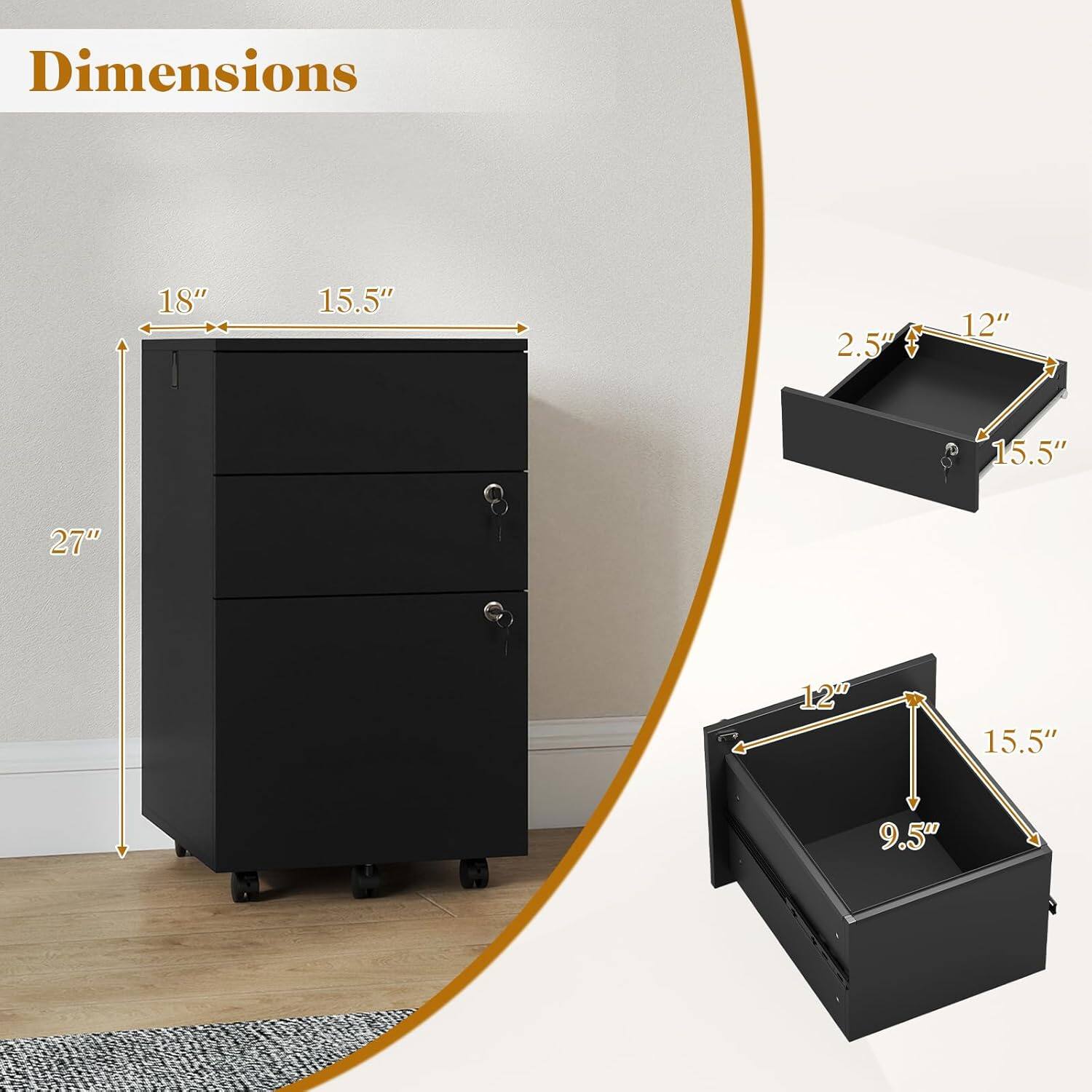 Dimensions: 18" x 15.5" x 2.5", 12" x 15.5" x 9.5", 27"