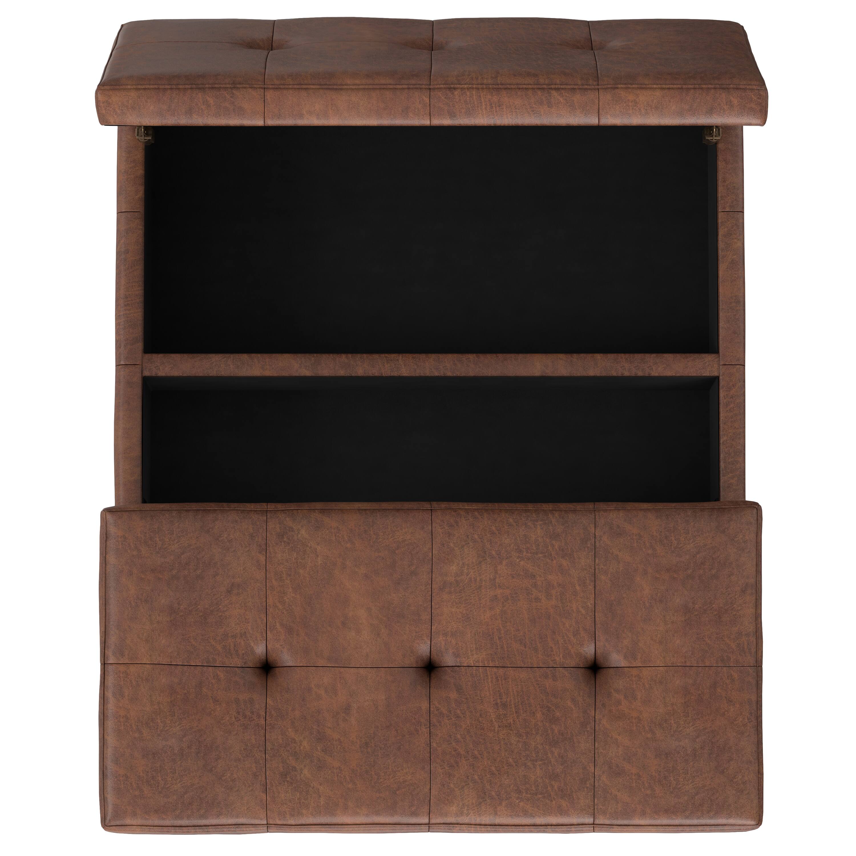 Alt View 4. Simpli Home - Dover 36 inch Contemporary Lift Top Coffee Table Storage Ottoman in Distressed Saddle Brown Vegan Faux Leather,Assembled - Distressed Saddle Brown.