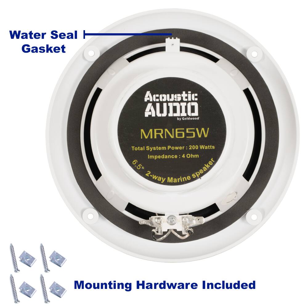 Water Seal Gasket

Acoustic AUDIO by Goldwood  
MRN65W  
Total System Power: 200 Watts  
Impedance: 4 Ohm  
6.5" 9 5" 2-way Marine speaker  

Mounting Hardware Included