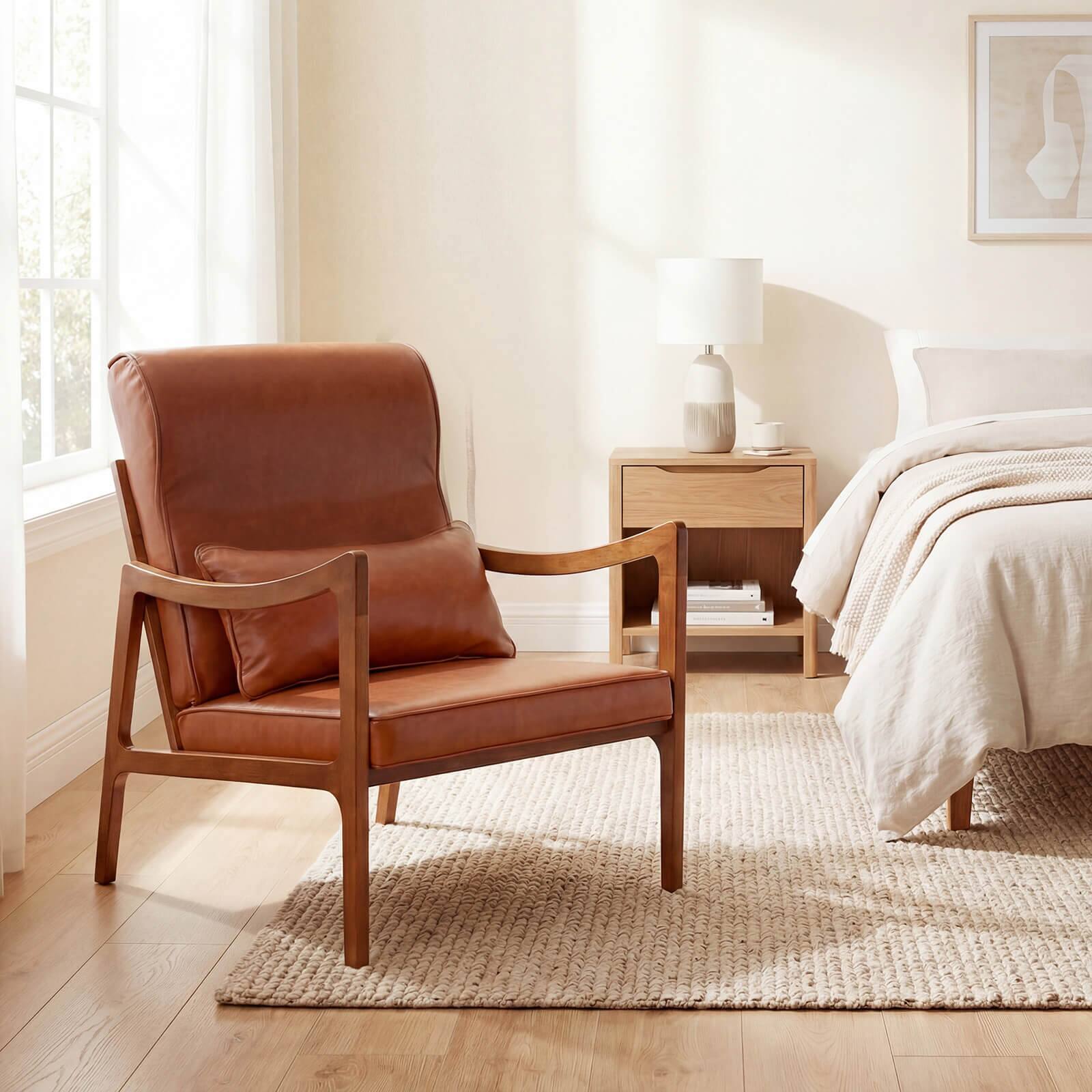 Alt View 3. Costway - Costway 1 PCS Faux Leather Upholstered Armchair with Lumbar Pillow, Removable Back, Seat Cushions - Brown.