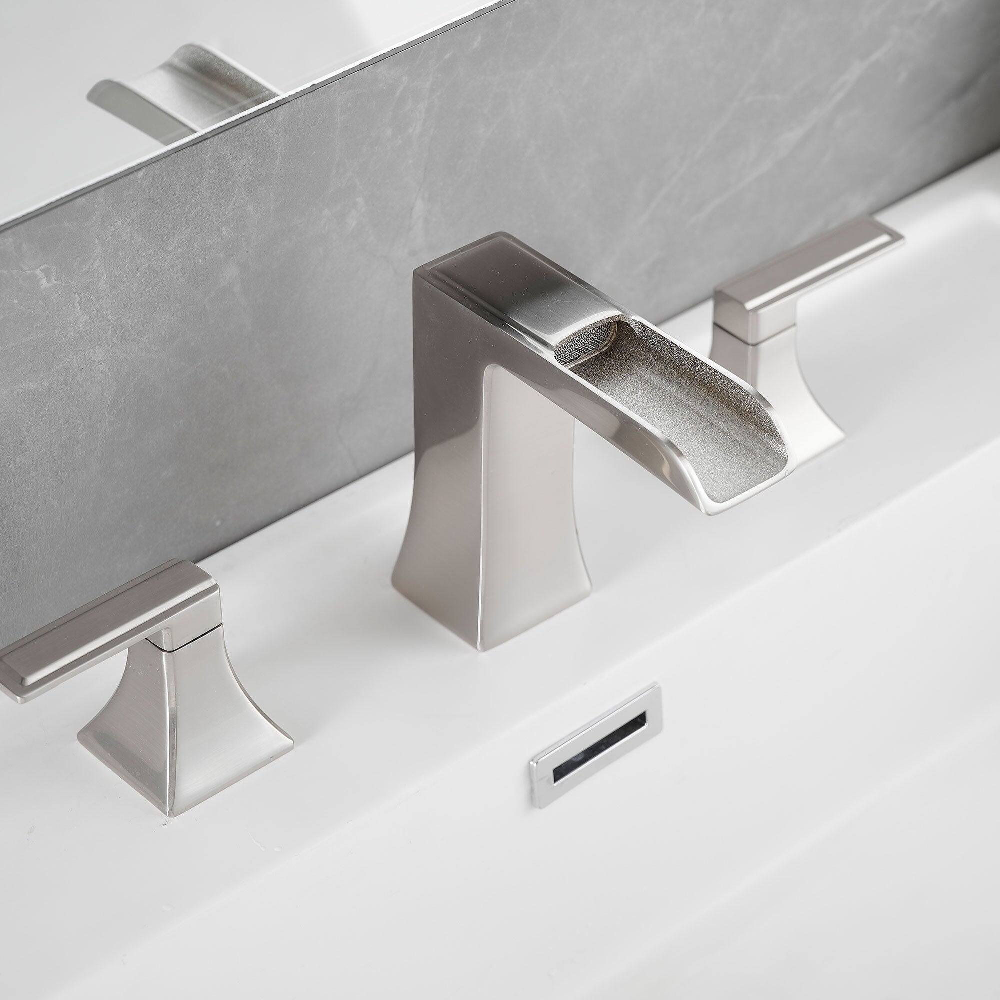 Alt View 10. Boyel Living - Modern 8 Inch Widespread Double Handle Brass Bathroom Faucet with Pop Up Drain and Water Supply Hoses in Brushed Nickel - Brushed Nickel.