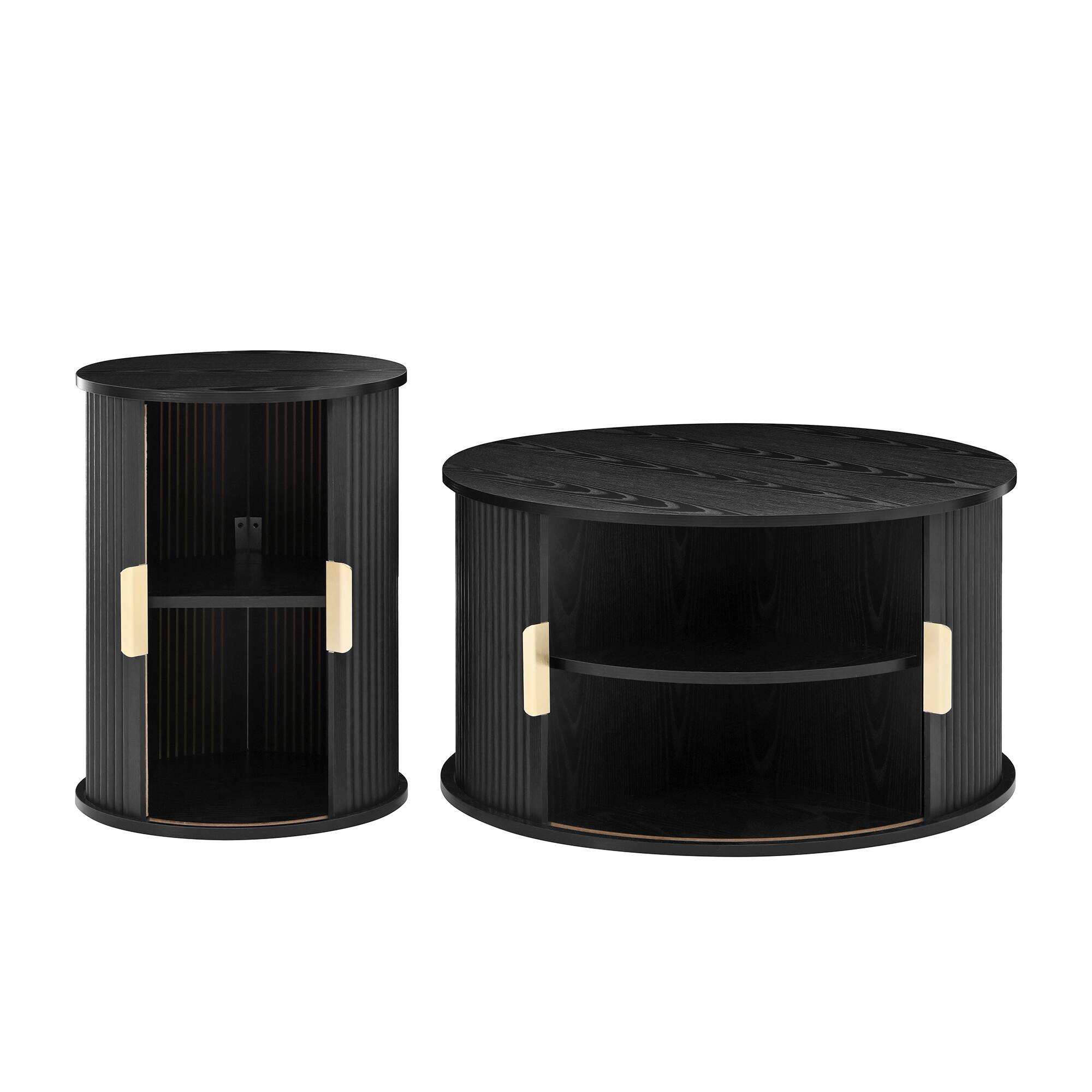 Alt View 6. Tiramisubest - Mid-Century Coffee & Side Table Set of 2 with Tambour Door,Fluted Design,Golden Handle Tall & Low Side Table,Black - Black.