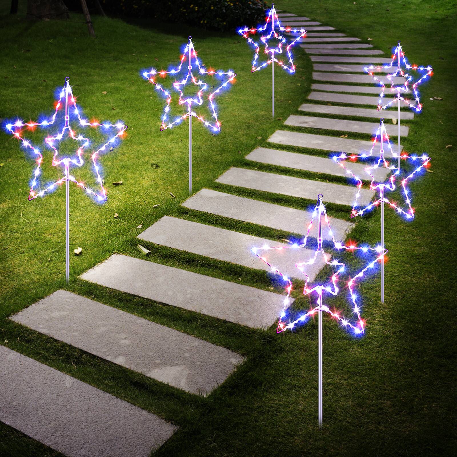 Alt View 1. Oumilen - 3 Pack Solar Double Star Pathway Lights – Red White Blue LED Yard Decor, 8 Modes with Remote for Outdoor Lawn.