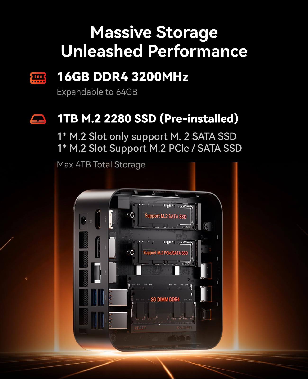 Massive Storage Unleashed Performance

16GB DDR4 3200MHz  
Expandable to 64GB

1TB M.2 2280 SSD (Pre-installed)

1* M.2 Slot only support M.2 SATA SSD  
1* M.2 Slot Support M.2 PCIe / SATA SSD  
Max 4TB Total Storage

SO DIMM DDR4  
ZEUE5 75
