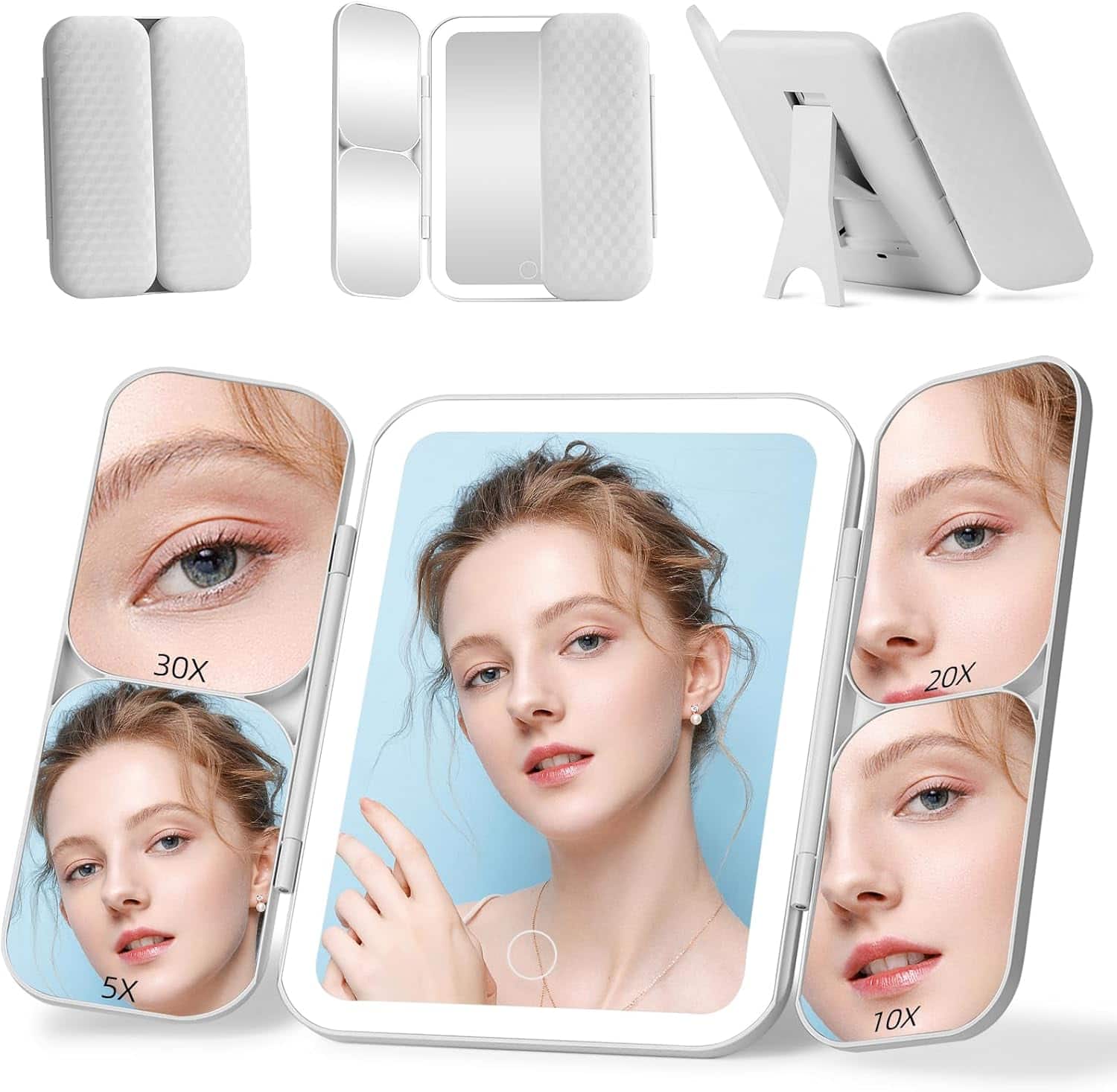 Stamp n Camp - Tri-fold Vanity Mirror with Light,1X/5X/10X/20X/30X Makeup Magnifying Lights,Rechargeable Travel Foldable in 3 Control - White