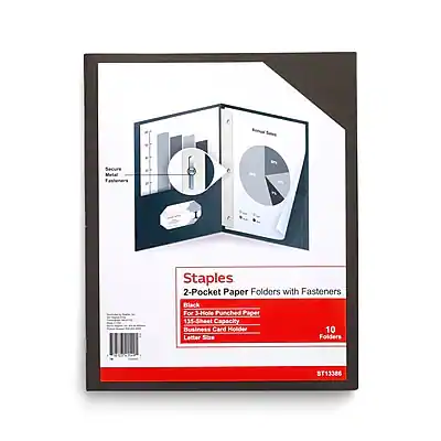 Staples
2-Pocket Paper Folders with Fasteners
For 3-Hole Punched Paper
135-Sheet Capacity
Business Card Holder
10 Letter Size Folders
ST13386