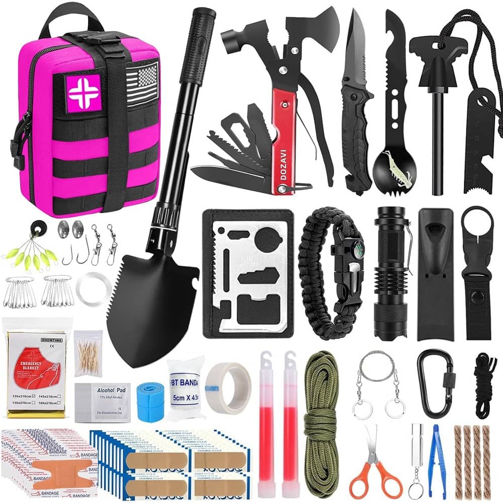 PARKER SLATER - 142 PCS Survival & First Aid Kit, Molle Pouch, Camping Essentials, Outdoor Adventure - Pink