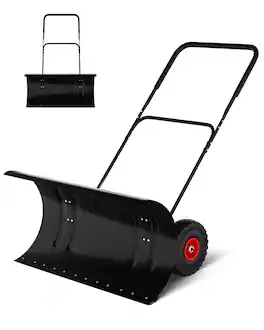Babevy - 29" Snow Pusher with Wheels, Heavy-Duty Steel Blade, Adjustable Handle & 60°Tilt, for Efficient Driveway Clearing - Black