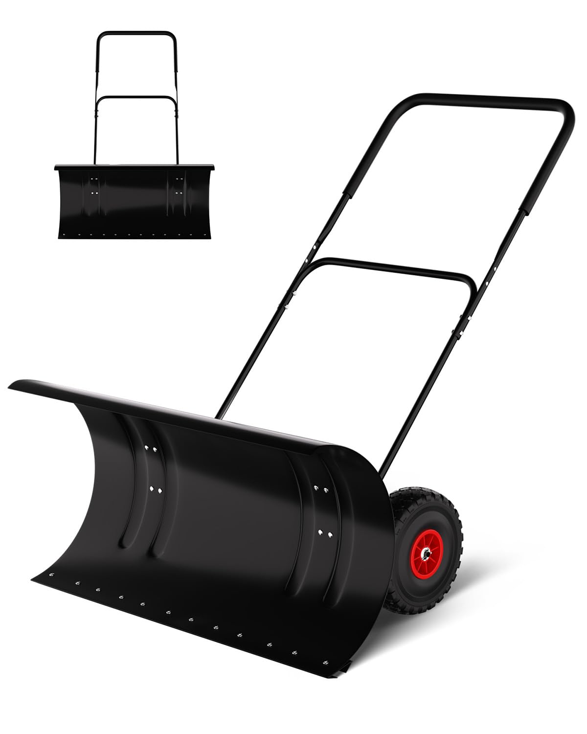 Front. Babevy - 29" Snow Pusher with Wheels, Heavy-Duty Steel Blade, Adjustable Handle & 60°Tilt, for Efficient Driveway Clearing - Black.