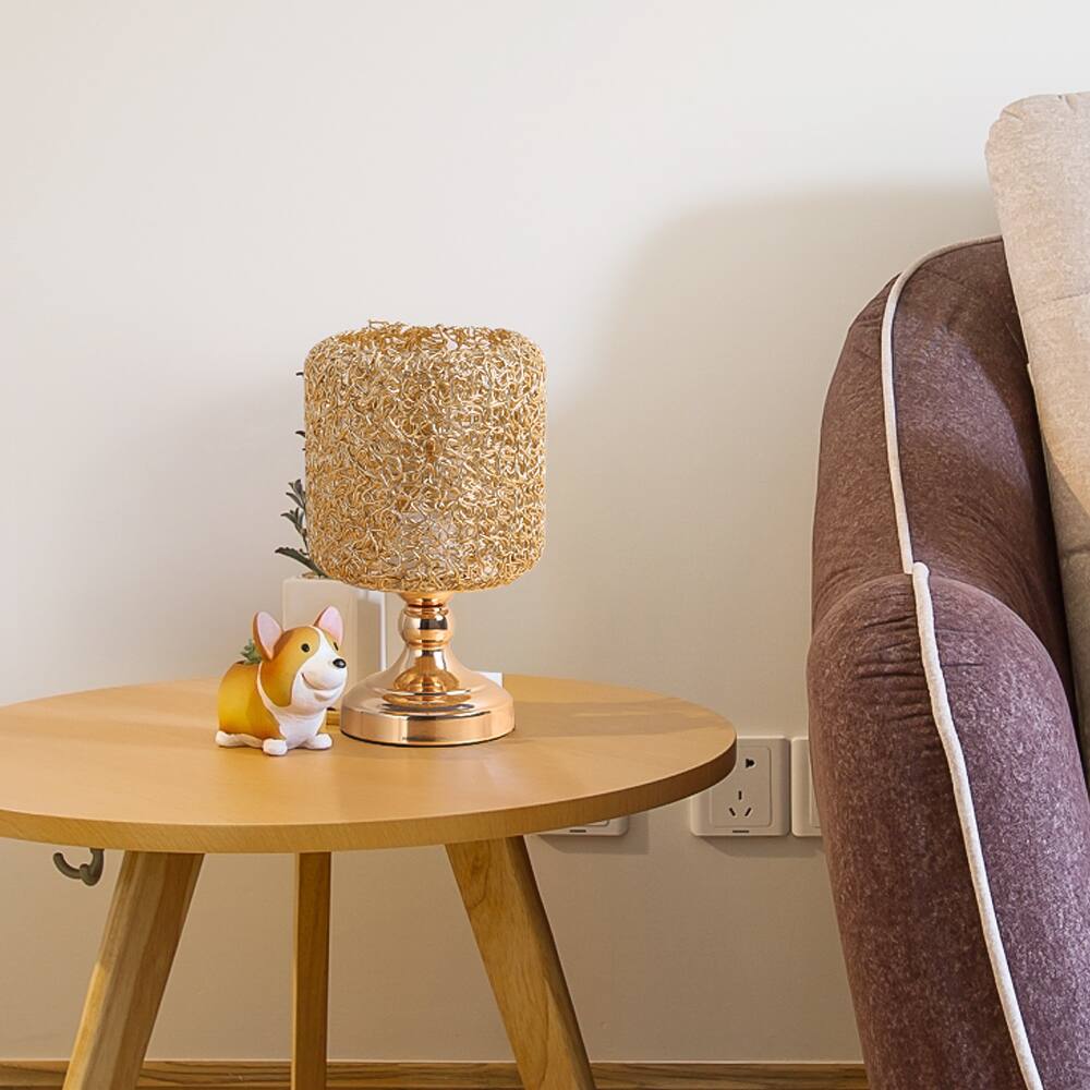 Alt View 1. Oumilen - Gold Table Lamp with Cylindrical Metal Mesh Shade, E26 Socket & 67In Cord.