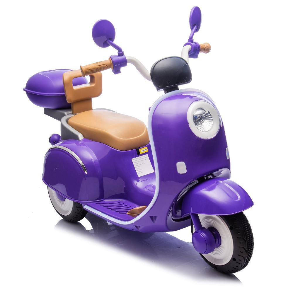 Angle. BreeBe - 12V Kids 3-Wheel Electric Motorcycle, 2WD, Waterfall Lights, Storage, Backrest, Bluetooth, Music, USB, Ages 3-6 - Purple.